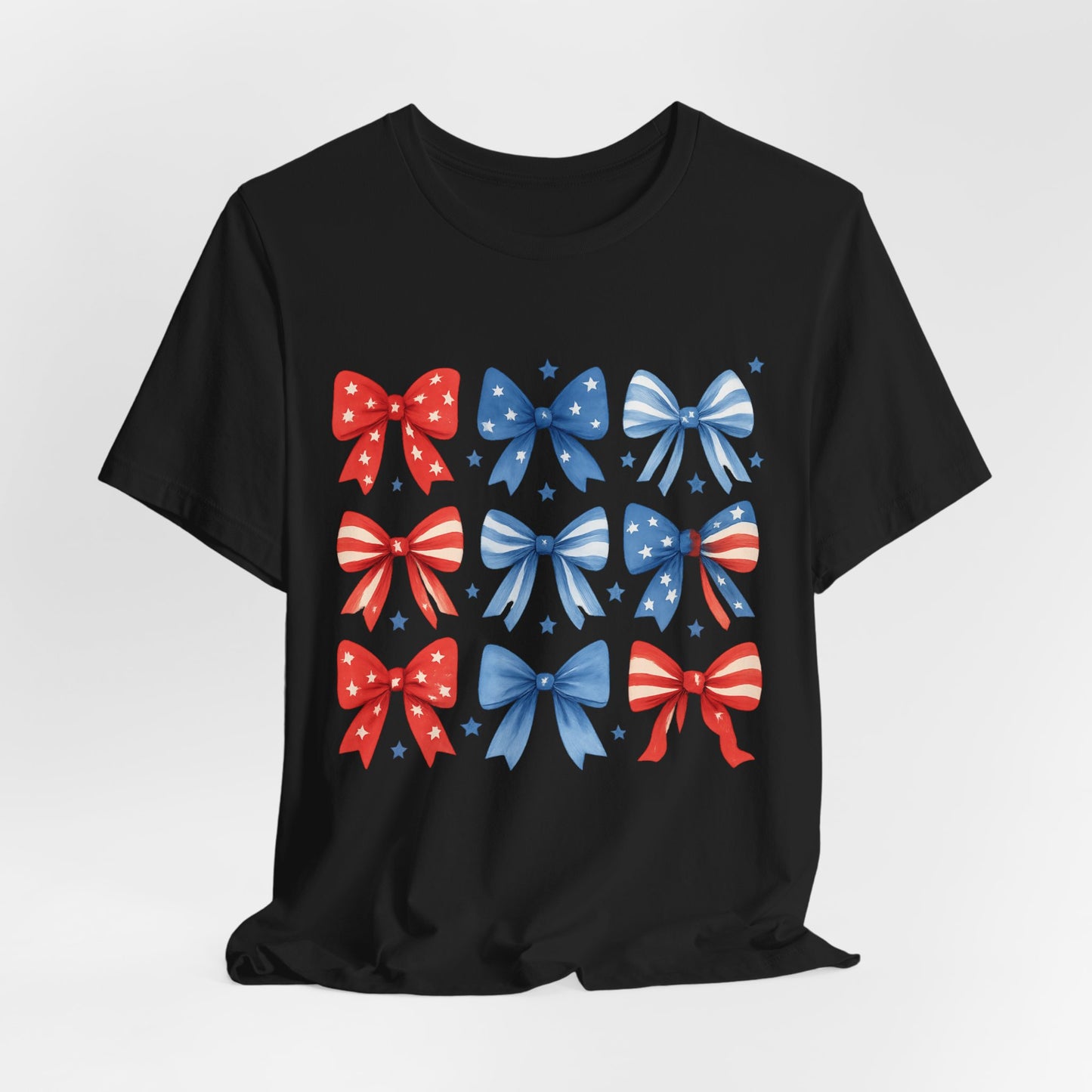 Patriotic Red & Blue Bows Tee — 4th of July Graphic T-Shirt