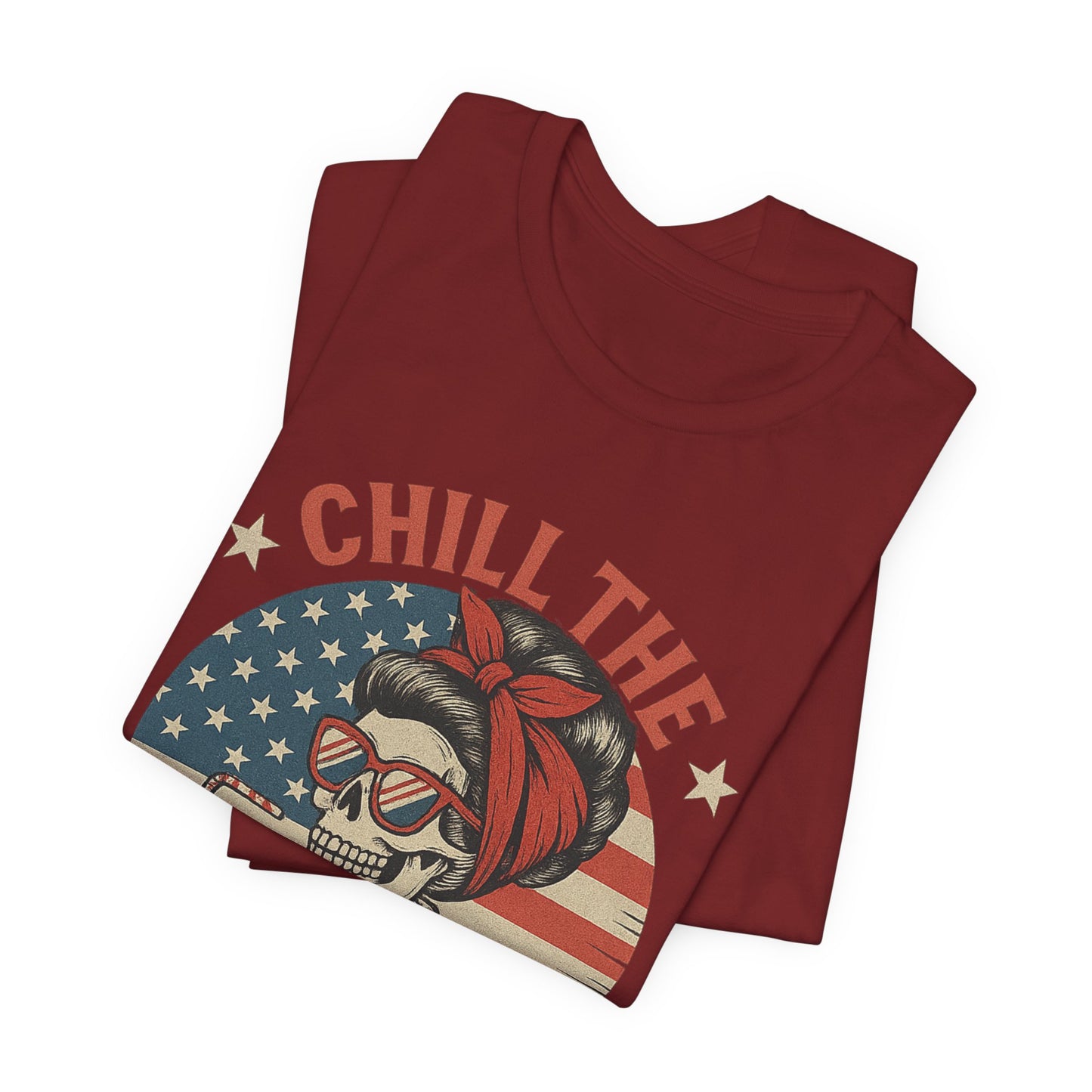 Chill the Fourth Out Tee – Retro Skull with American Flag & Drink | 4th of July Patriotic Shirt