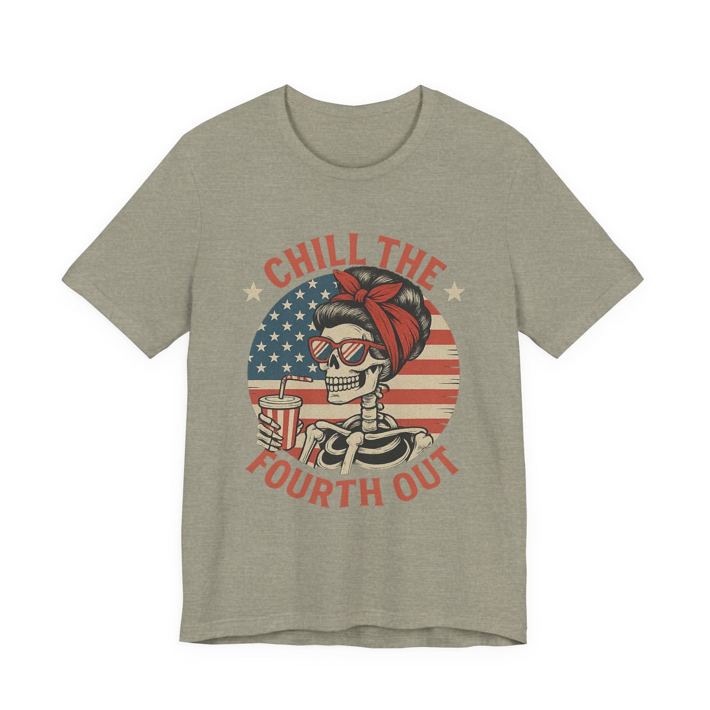 Chill the Fourth Out Tee – Retro Skull with American Flag & Drink | 4th of July Patriotic Shirt