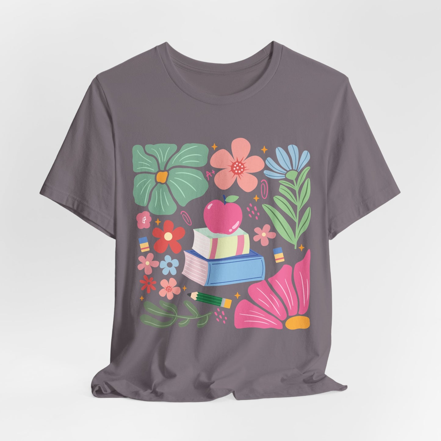 Floral Books & Apple Tee — Cute Spring Reading T-Shirt