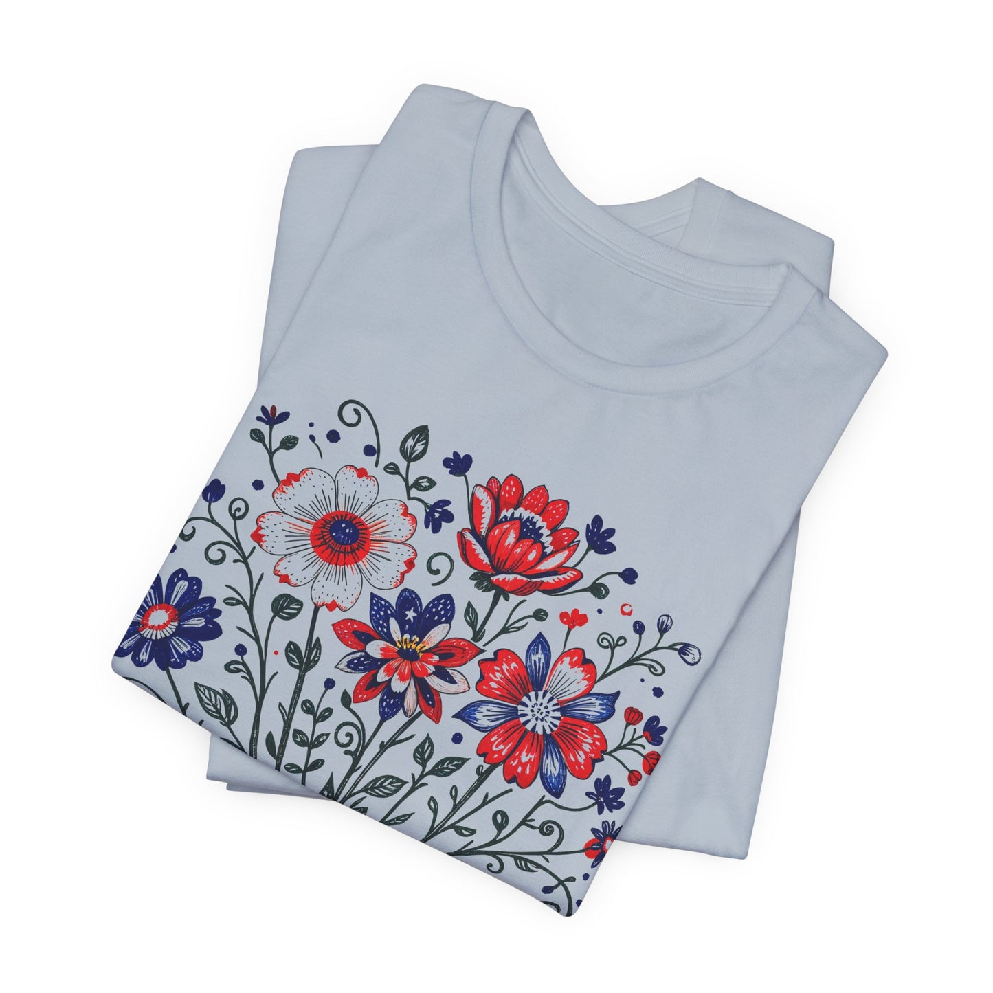 Patriotic Floral Tee — "America, Land of the Free"