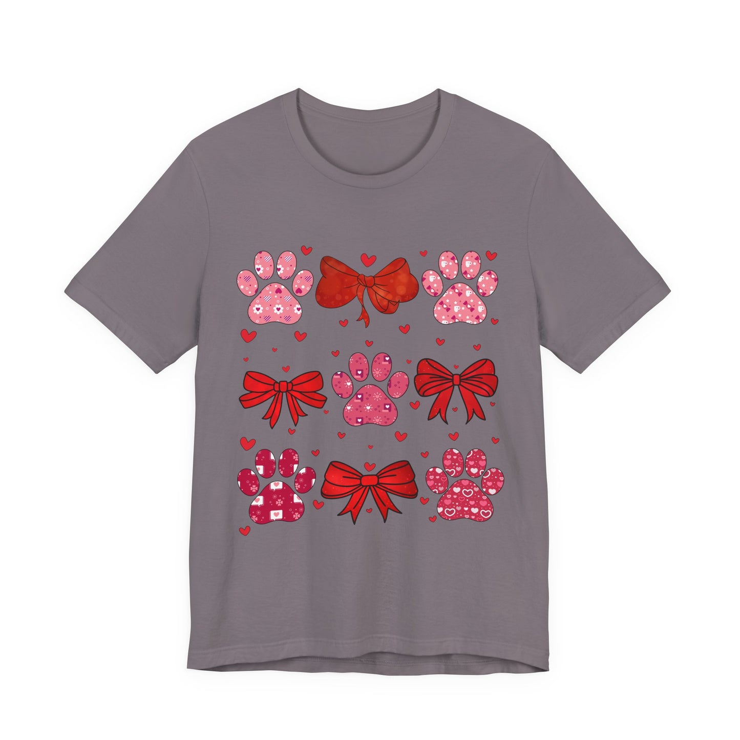Valentine Paw Prints T‑Shirt — Cute Red Bows & Hearts Pet Lover Tee