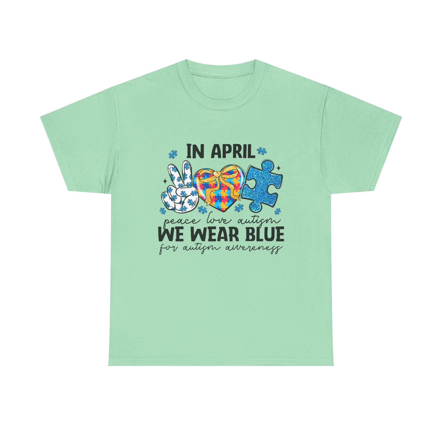 Autism Awareness Tee — "In April We Wear Blue" Puzzle Heart Peace Sign