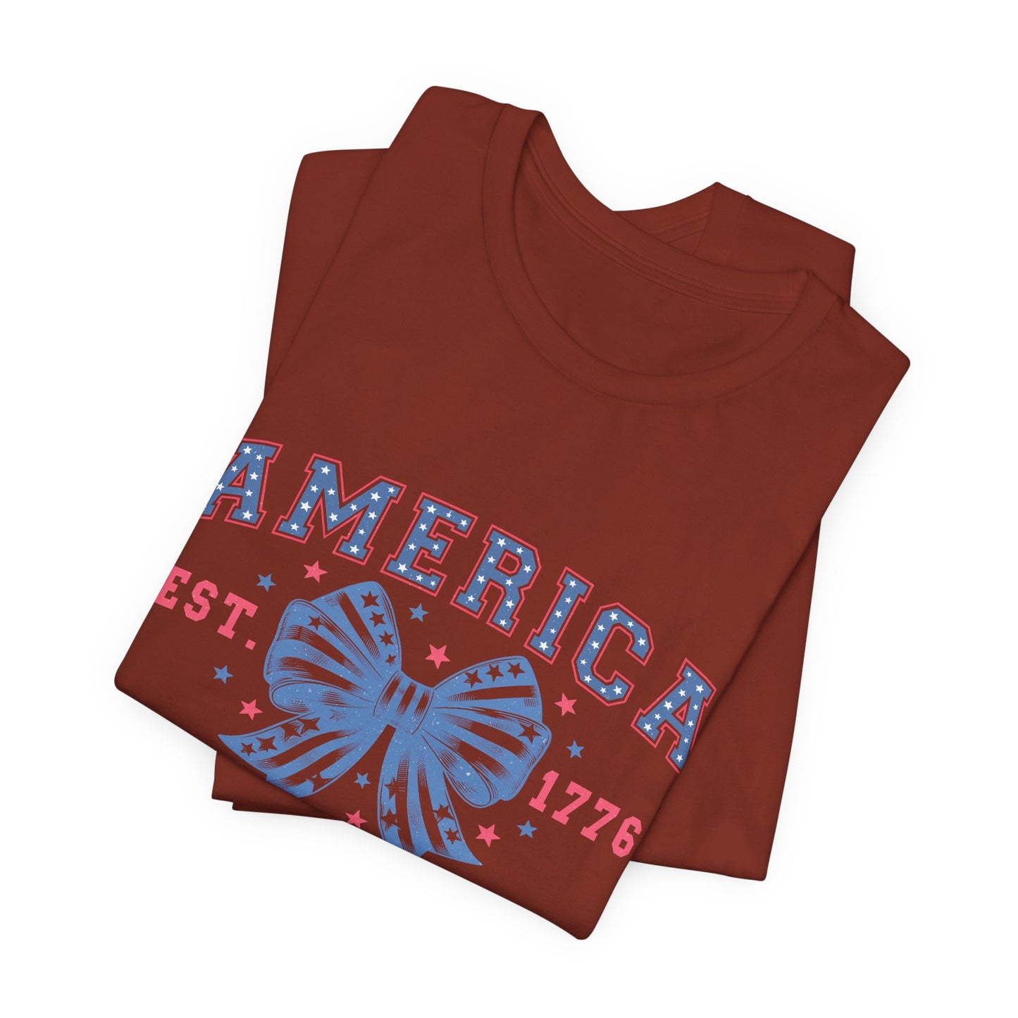 America Est. 1776 Patriotic T-Shirt – Stars & Stripes Bow Graphic