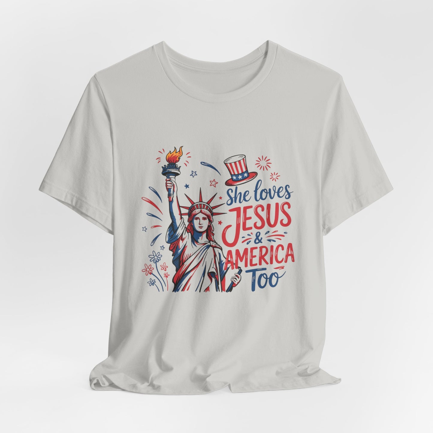 She Loves Jesus & America Too T-Shirt – Patriotic Statue of Liberty Christian Tee