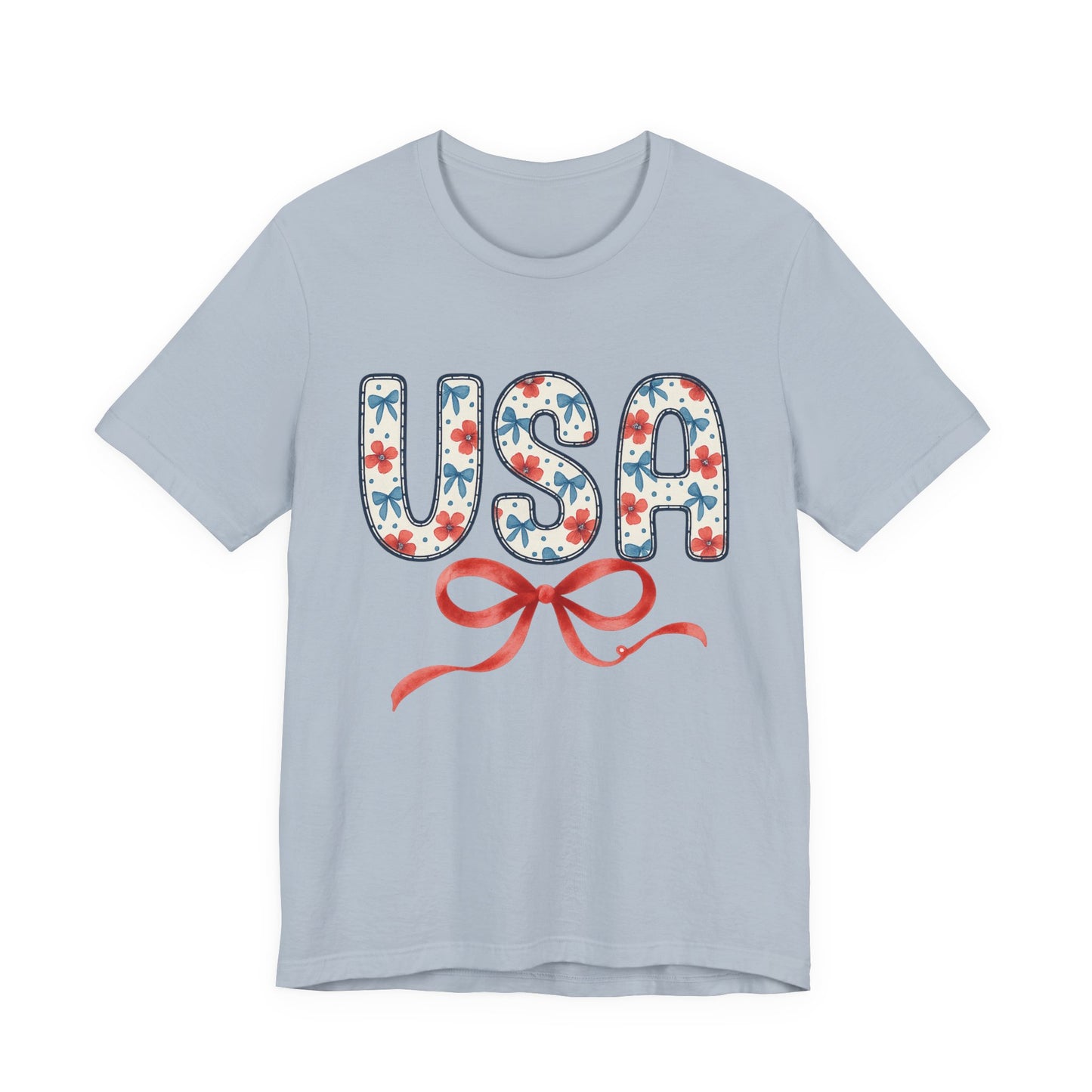 USA Floral Graphic Tee with Ribbon – 4th of July Patriotic Shirt
