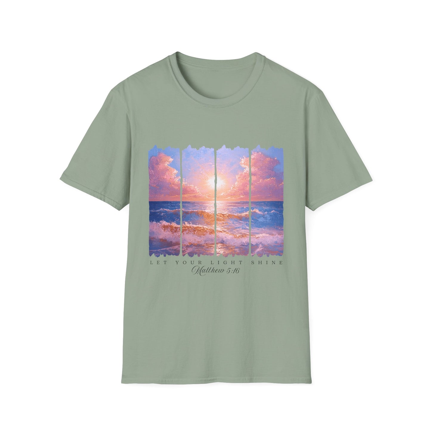 Sunset Ocean Panel T-Shirt — "Pray Without Ceasing" Inspirational Beach Tee