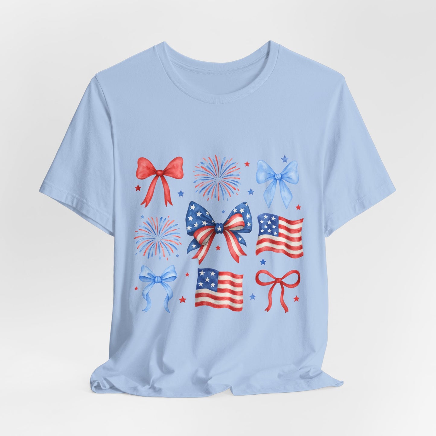 Patriotic Bows & Flags Tee — 4th of July Fireworks Graphic T-Shirt