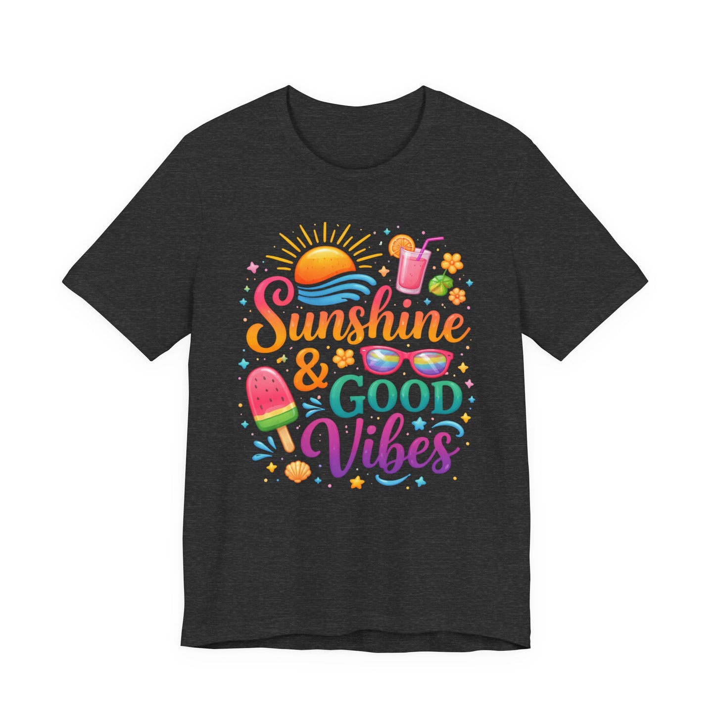 Sunshine & Good Vibes T-Shirt | Summer Beach Drink Sunglasses Popsicle Design