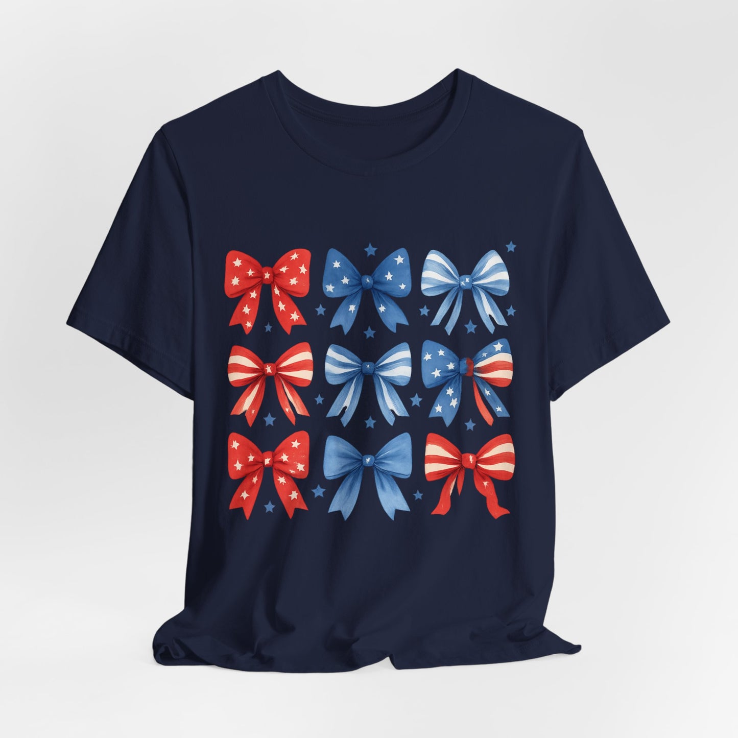 Patriotic Red & Blue Bows Tee — 4th of July Graphic T-Shirt