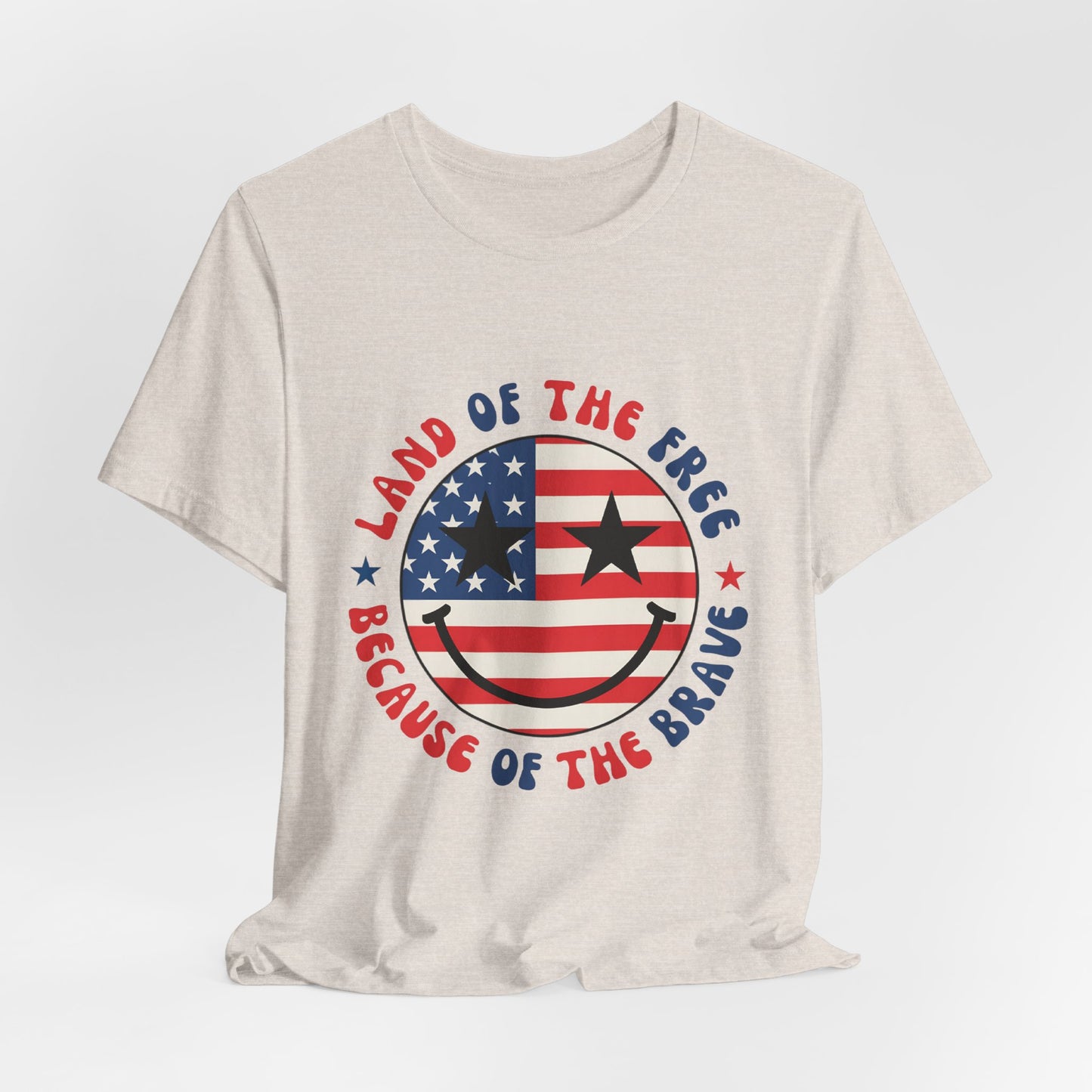 Patriotic Smiley Tee - "Land of the Free Because of the Brave" American Flag Shirt
