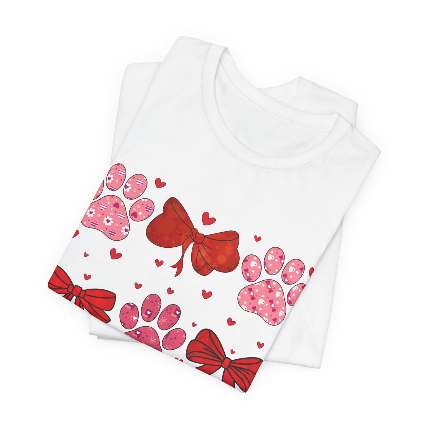 Valentine Paw Prints T‑Shirt — Cute Red Bows & Hearts Pet Lover Tee