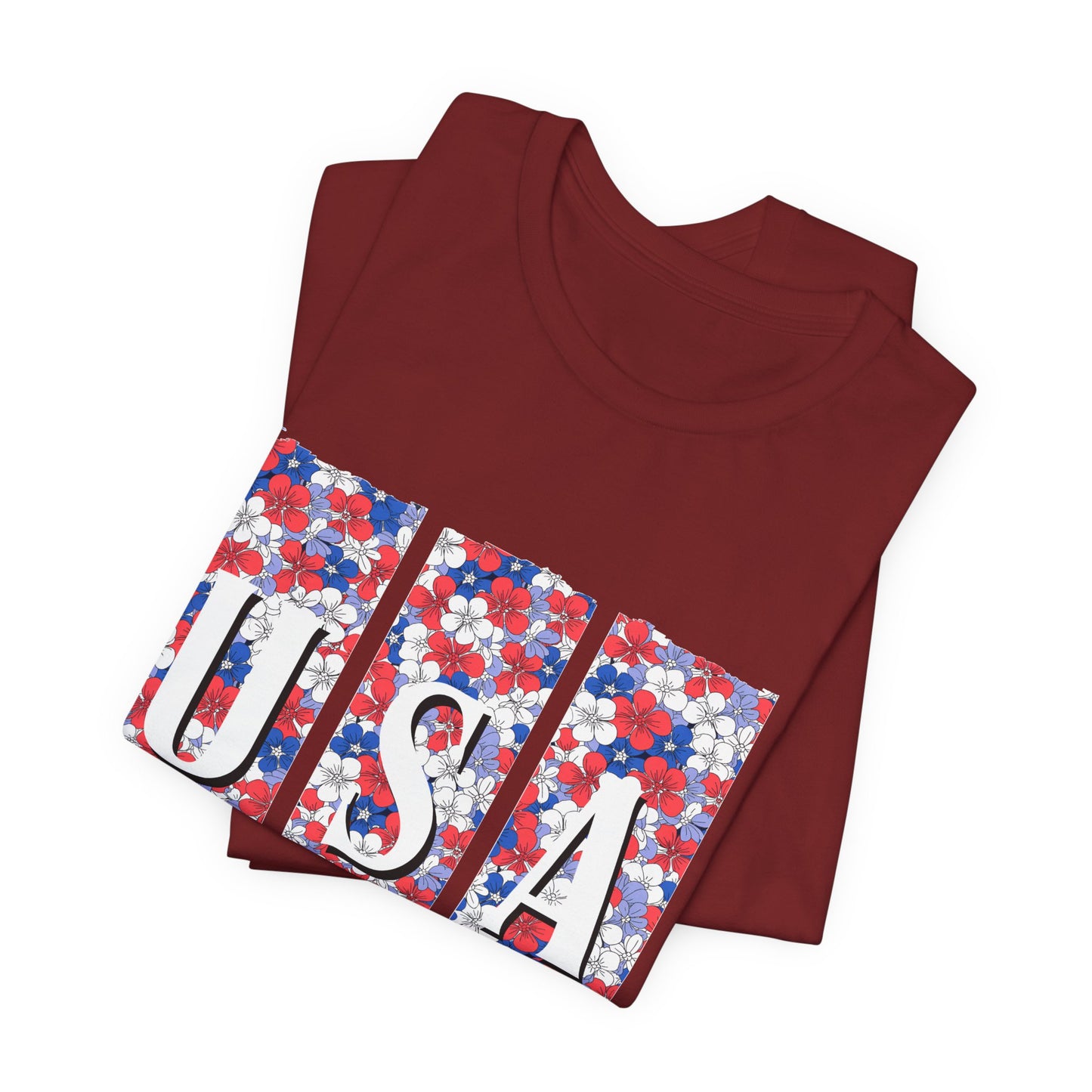 USA Floral Flag T-Shirt — Patriotic Red White Blue Tee (4th of July)