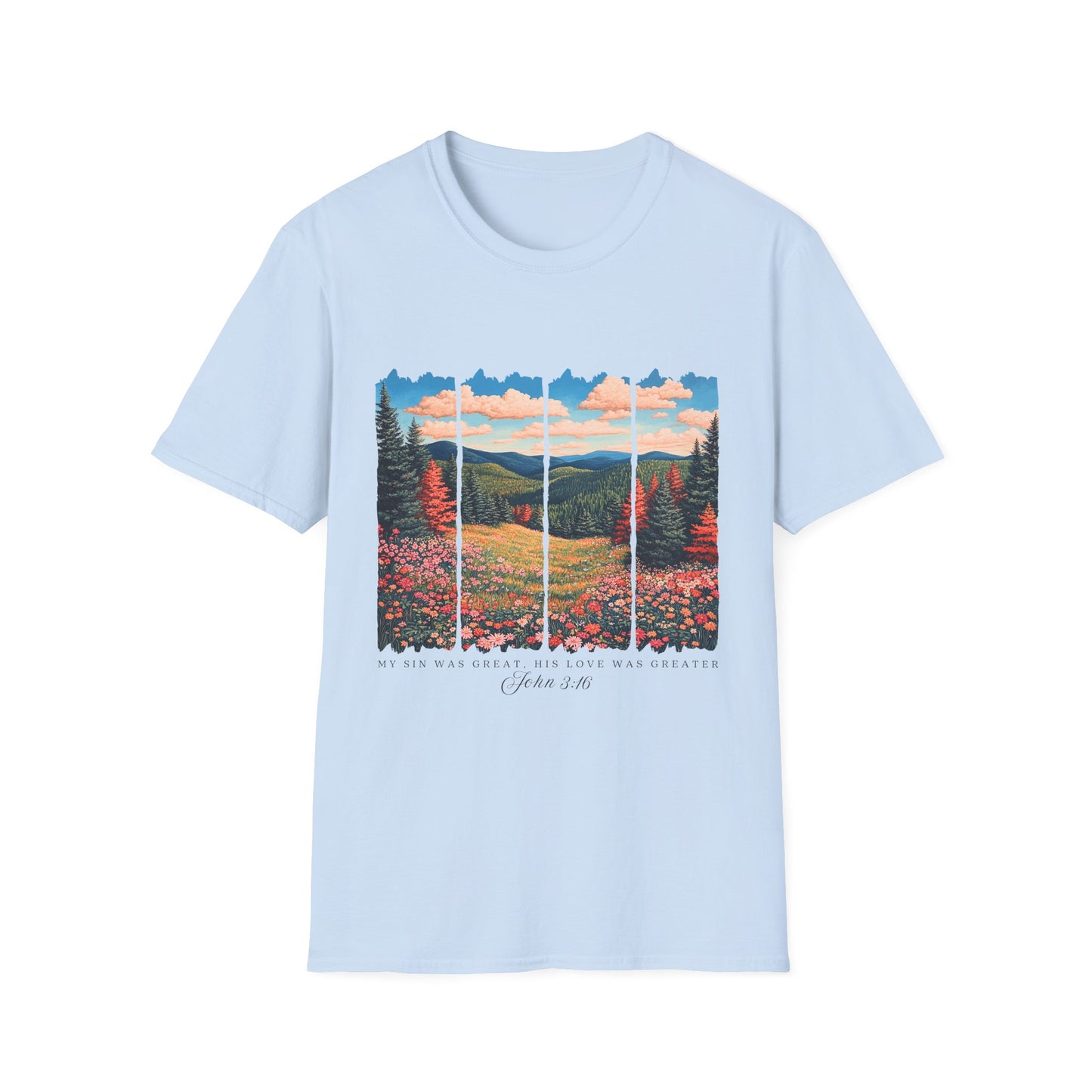 Scenic Meadow Sunrise T-Shirt — Vintage Window Pane Mountain Landscape Tee