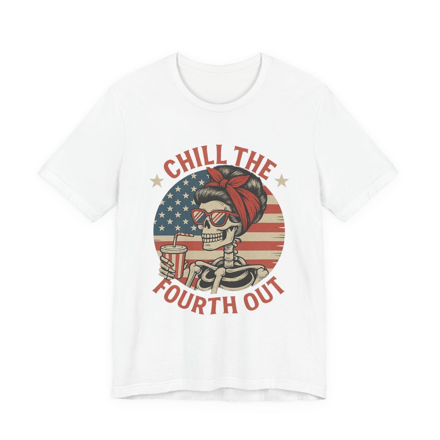 Chill the Fourth Out Tee – Retro Skull with American Flag & Drink | 4th of July Patriotic Shirt
