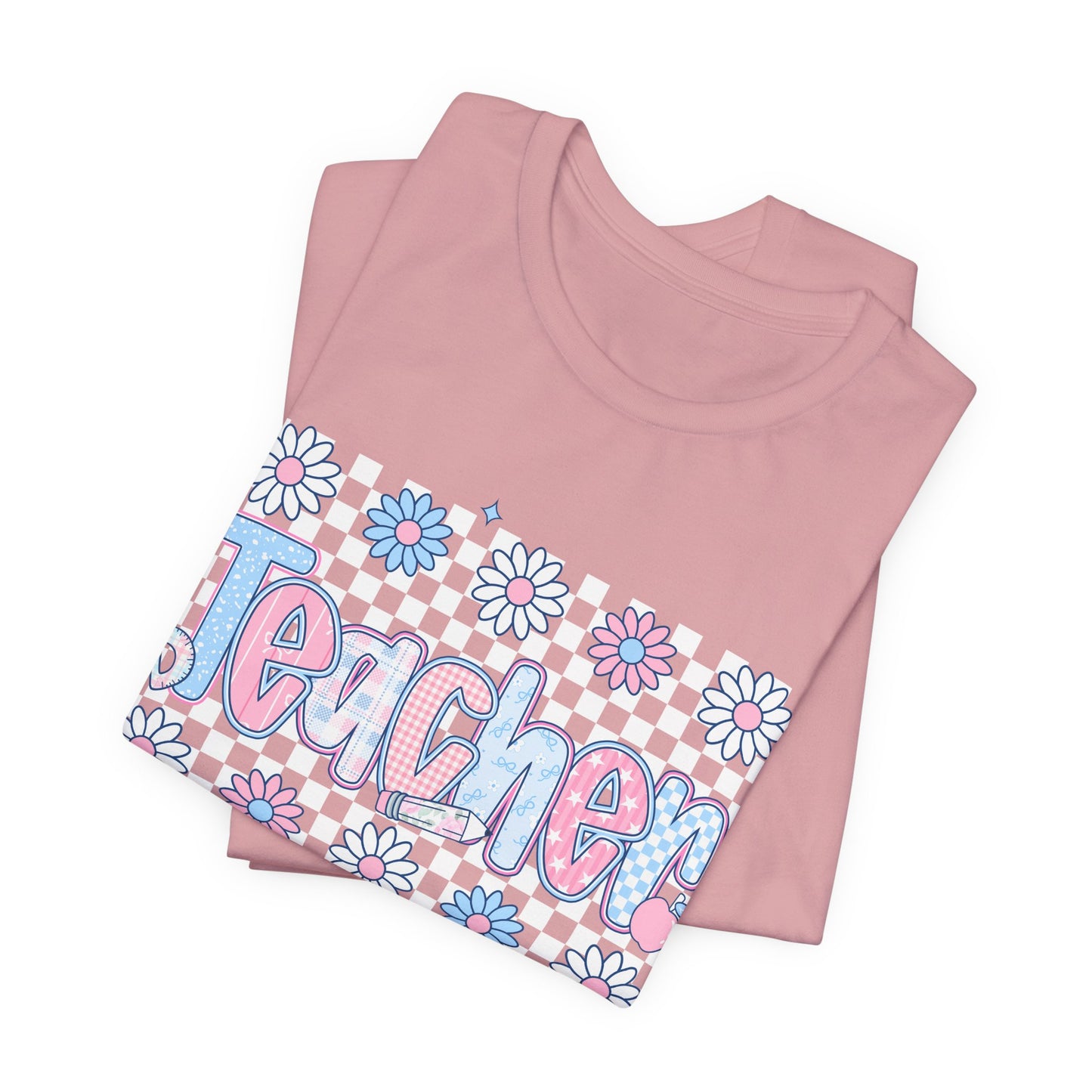 Teacher Daisy Graphic Tee – Cute Pink & Blue Floral Classroom Shirt