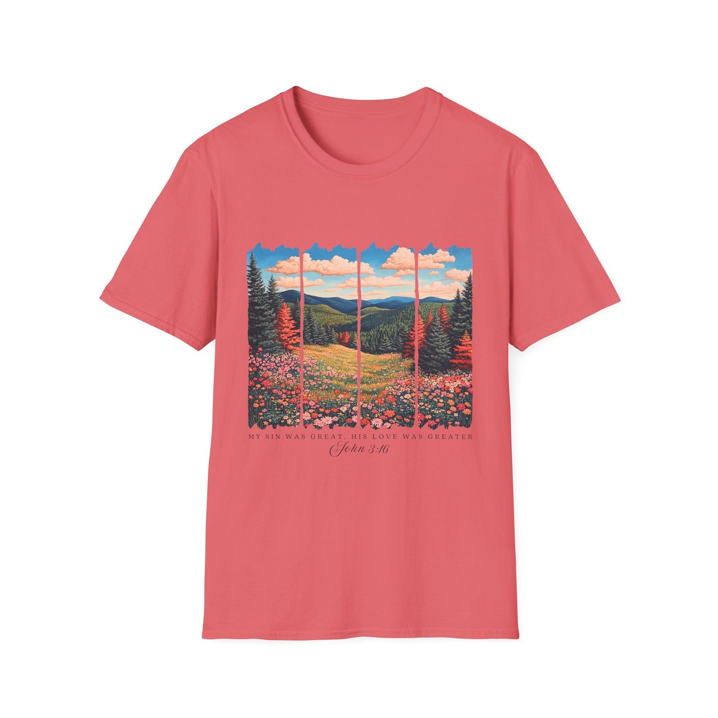 Scenic Meadow Sunrise T-Shirt — Vintage Window Pane Mountain Landscape Tee
