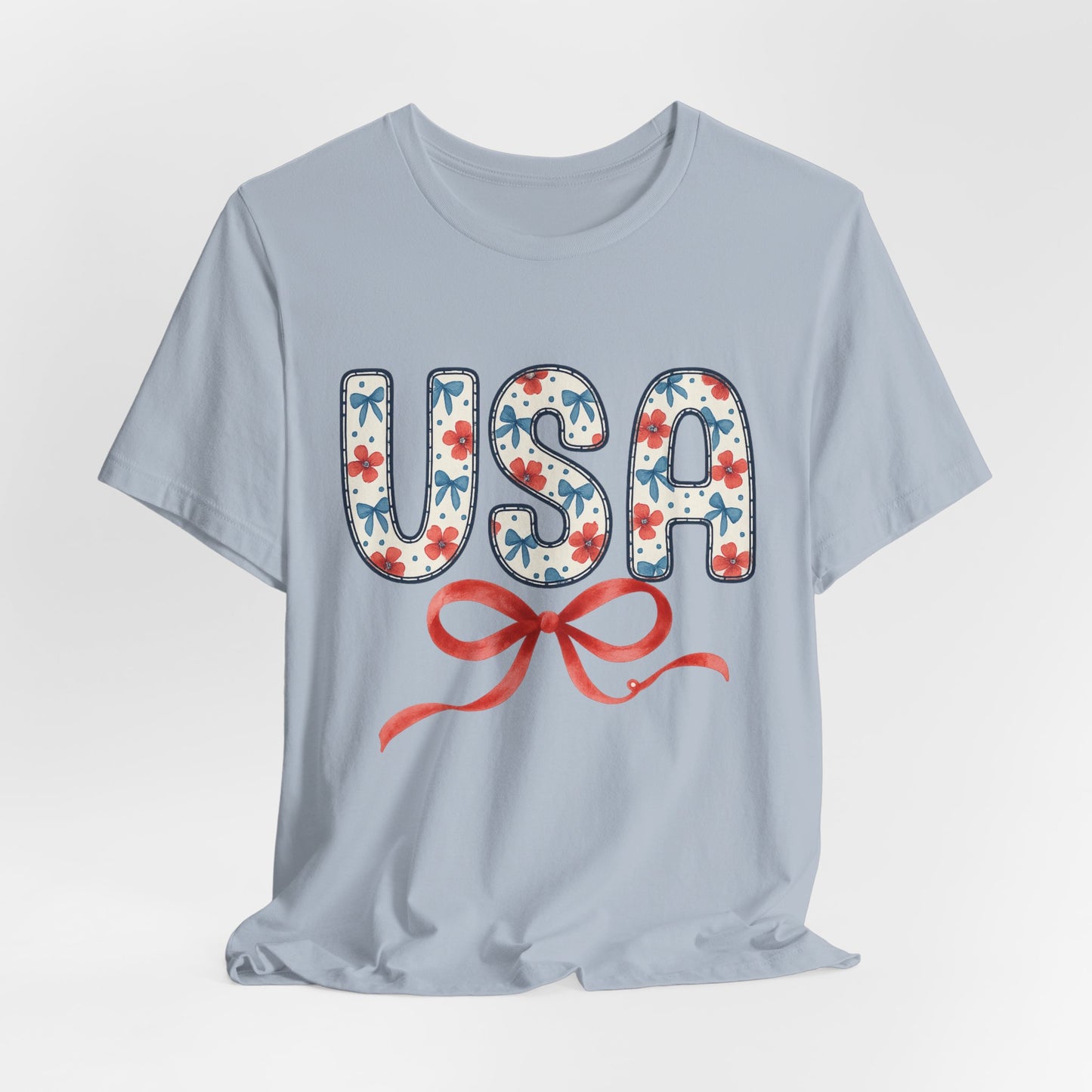 USA Floral Graphic Tee with Ribbon – 4th of July Patriotic Shirt