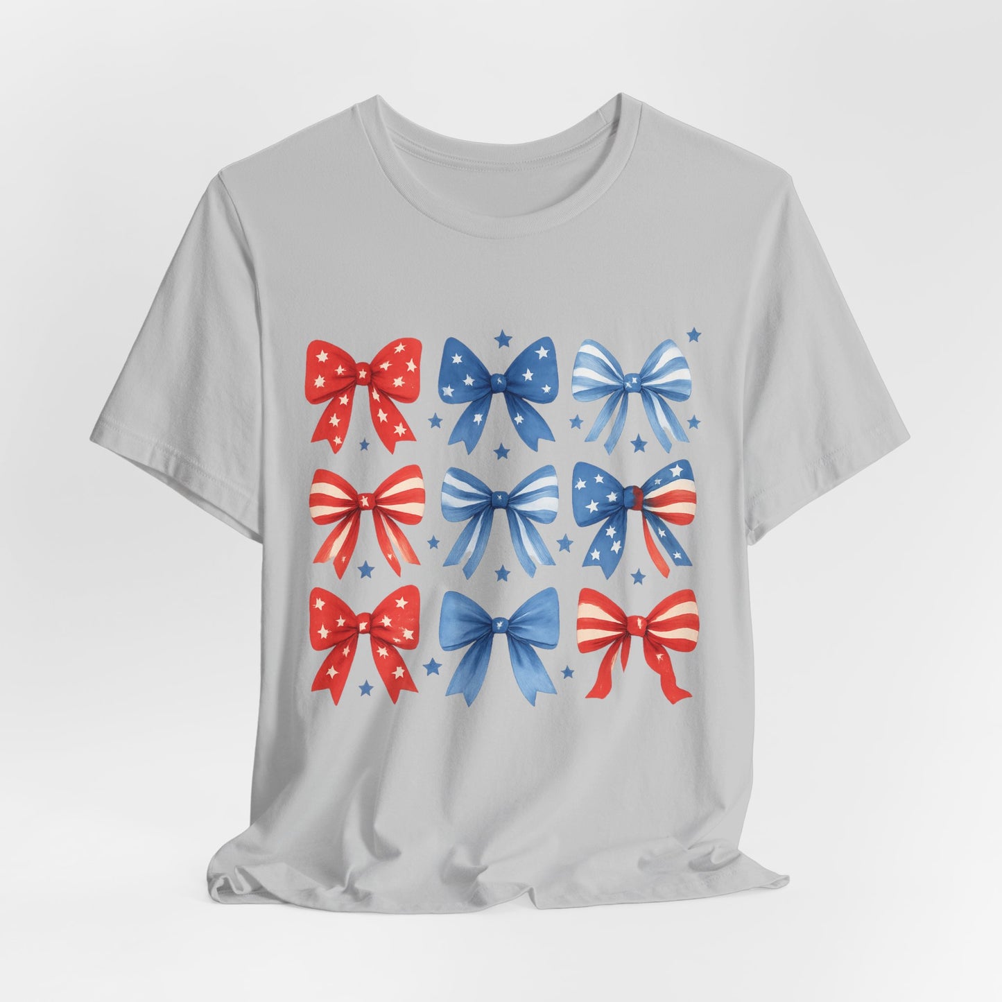 Patriotic Red & Blue Bows Tee — 4th of July Graphic T-Shirt