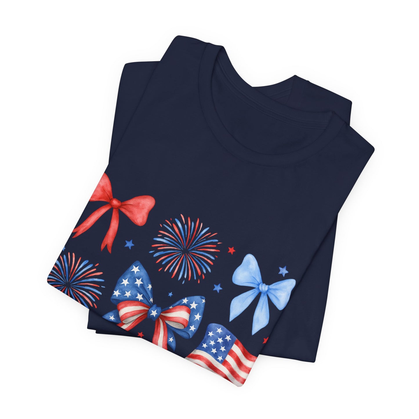 Patriotic Bows & Flags Tee — 4th of July Fireworks Graphic T-Shirt