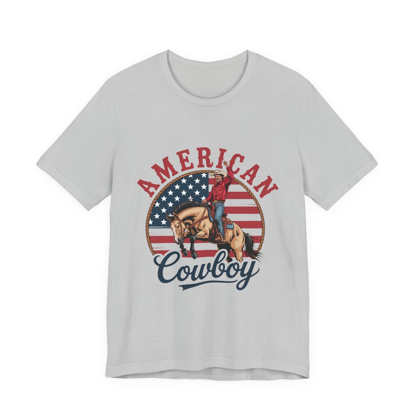 American Cowboy T-Shirt – patriotic rodeo tee with flag and rider