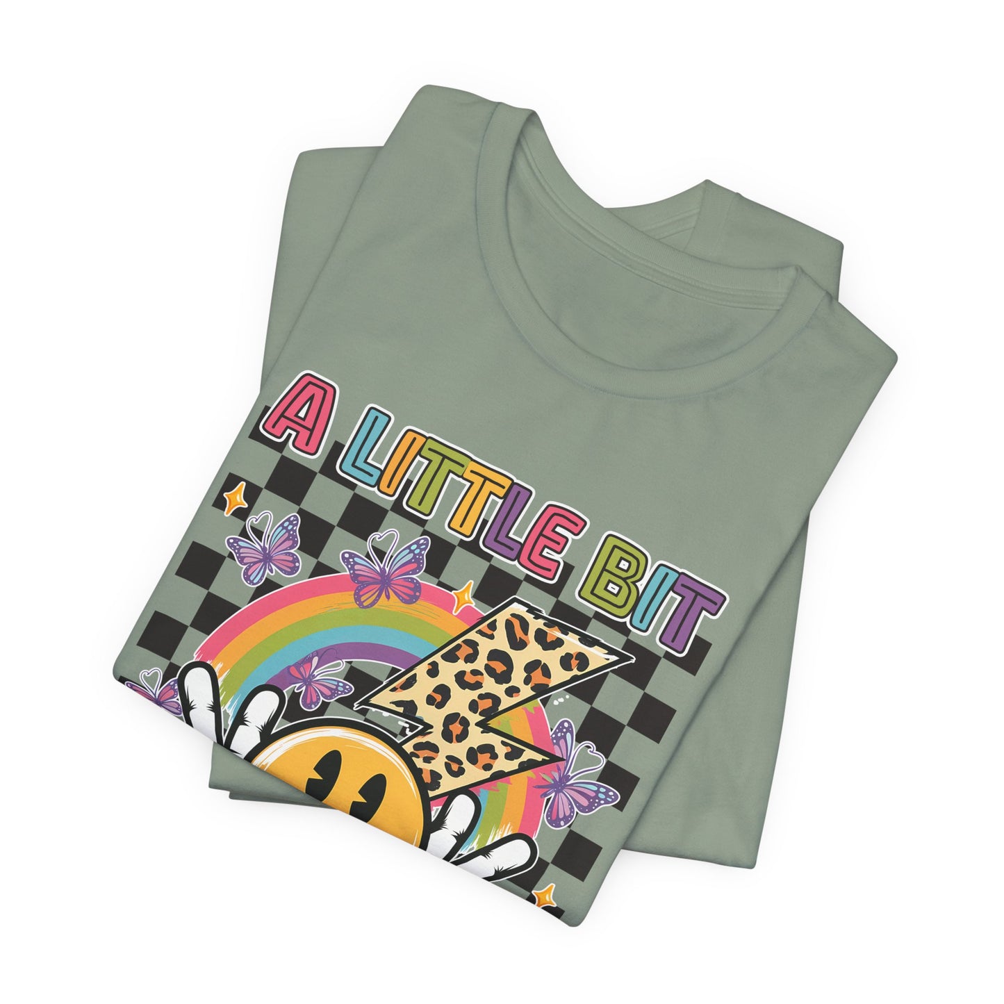 A Little Bit Dramatic Graphic Tee — Smiley Rainbow Checkerboard T-Shirt