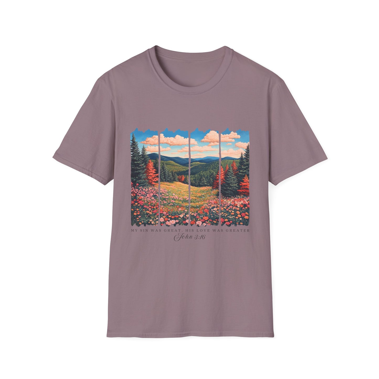 Scenic Meadow Sunrise T-Shirt — Vintage Window Pane Mountain Landscape Tee