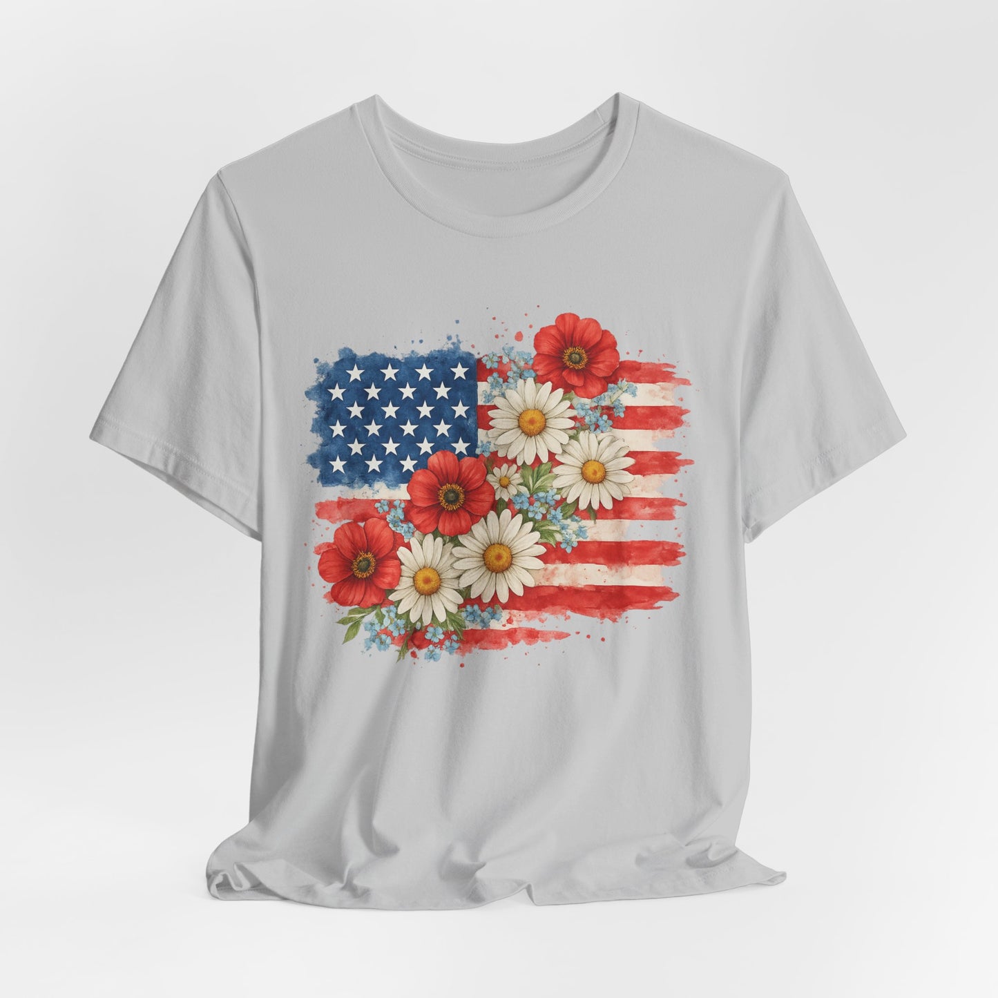 American Flag Floral T‑Shirt – Patriotic Daisy & Poppy USA Tee