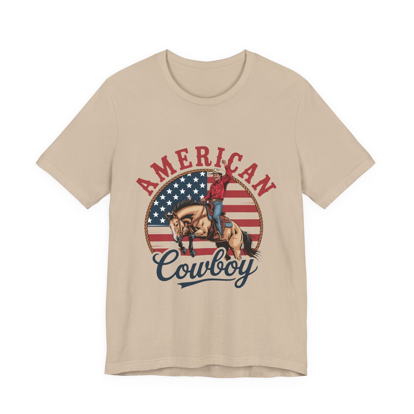 American Cowboy T-Shirt – patriotic rodeo tee with flag and rider