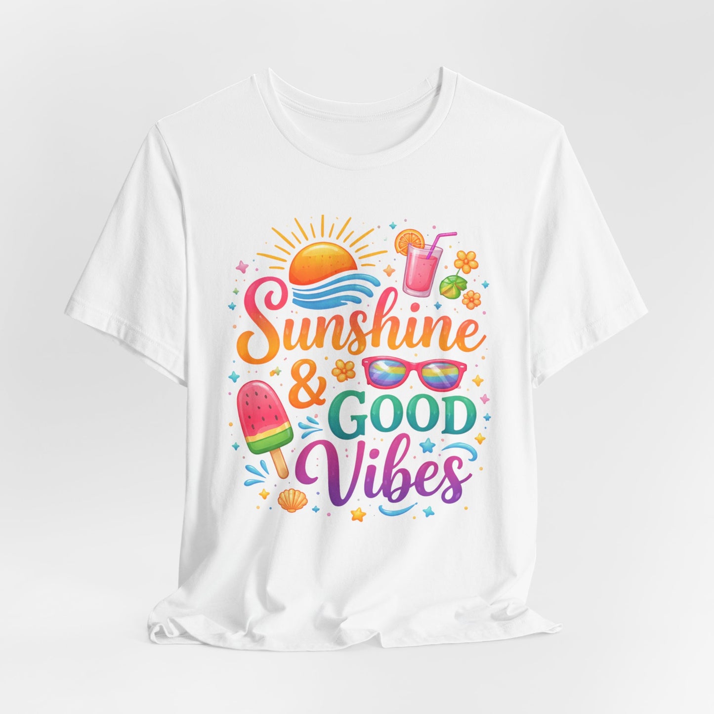 Sunshine & Good Vibes T-Shirt | Summer Beach Drink Sunglasses Popsicle Design