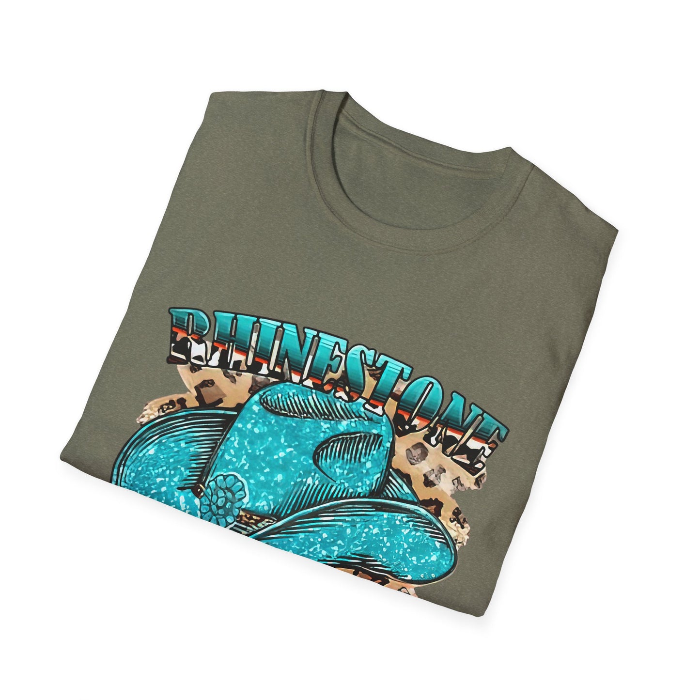 Rhinestone Cowgirl Tee – Turquoise Cowboy Hat on Leopard Print