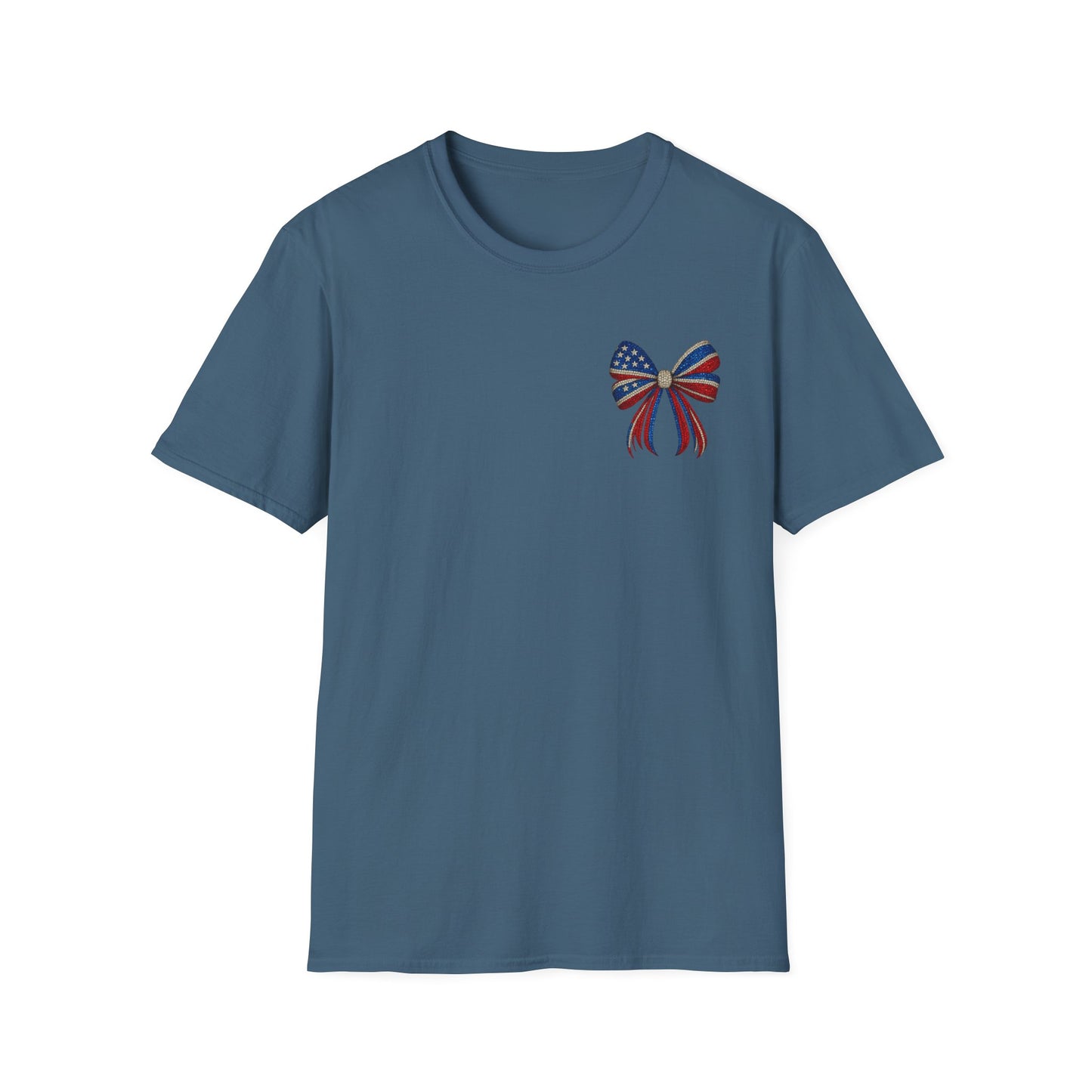 Patriotic Tee - "Land of the Free Because of the Brave" American Flag Bow