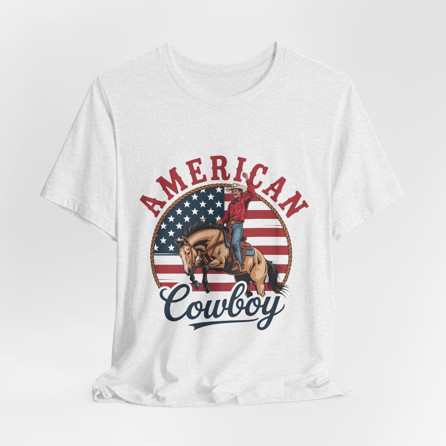 American Cowboy T-Shirt – patriotic rodeo tee with flag and rider