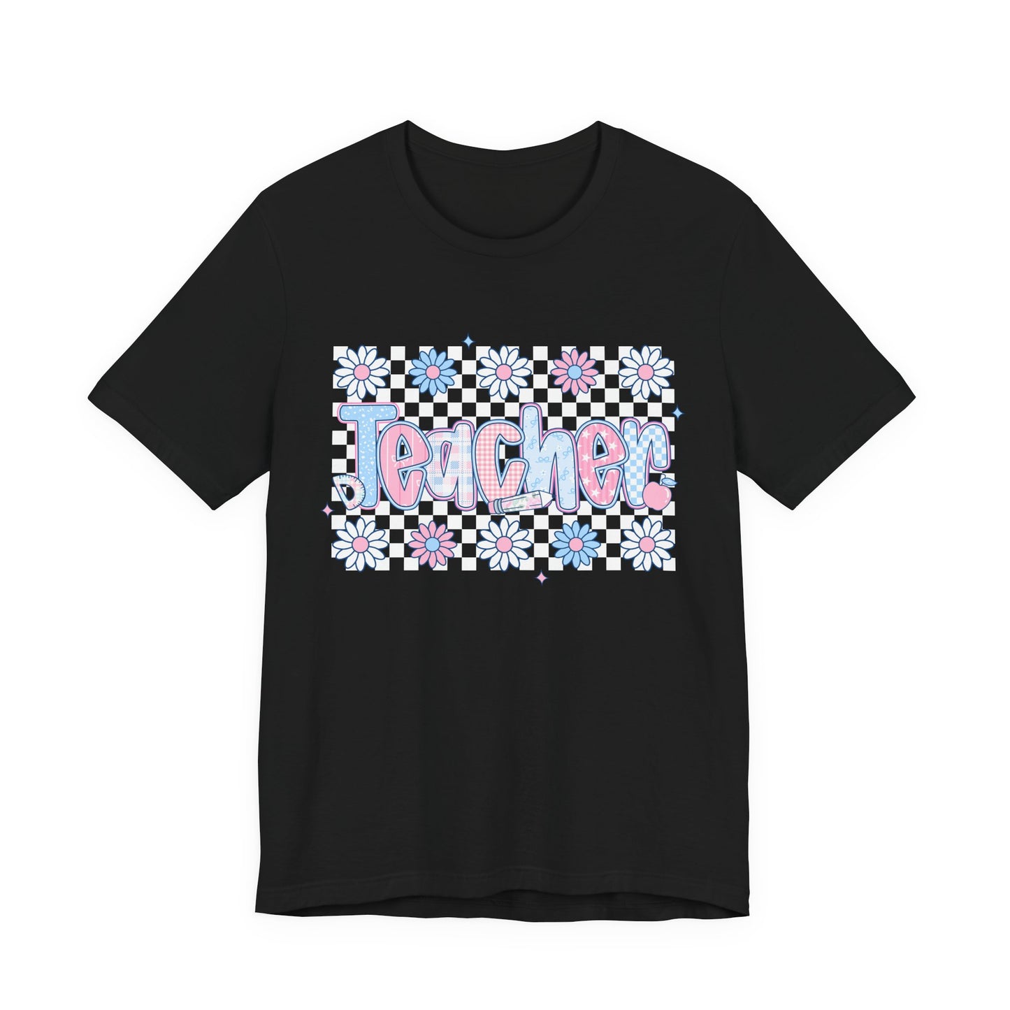 Teacher Daisy Graphic Tee – Cute Pink & Blue Floral Classroom Shirt