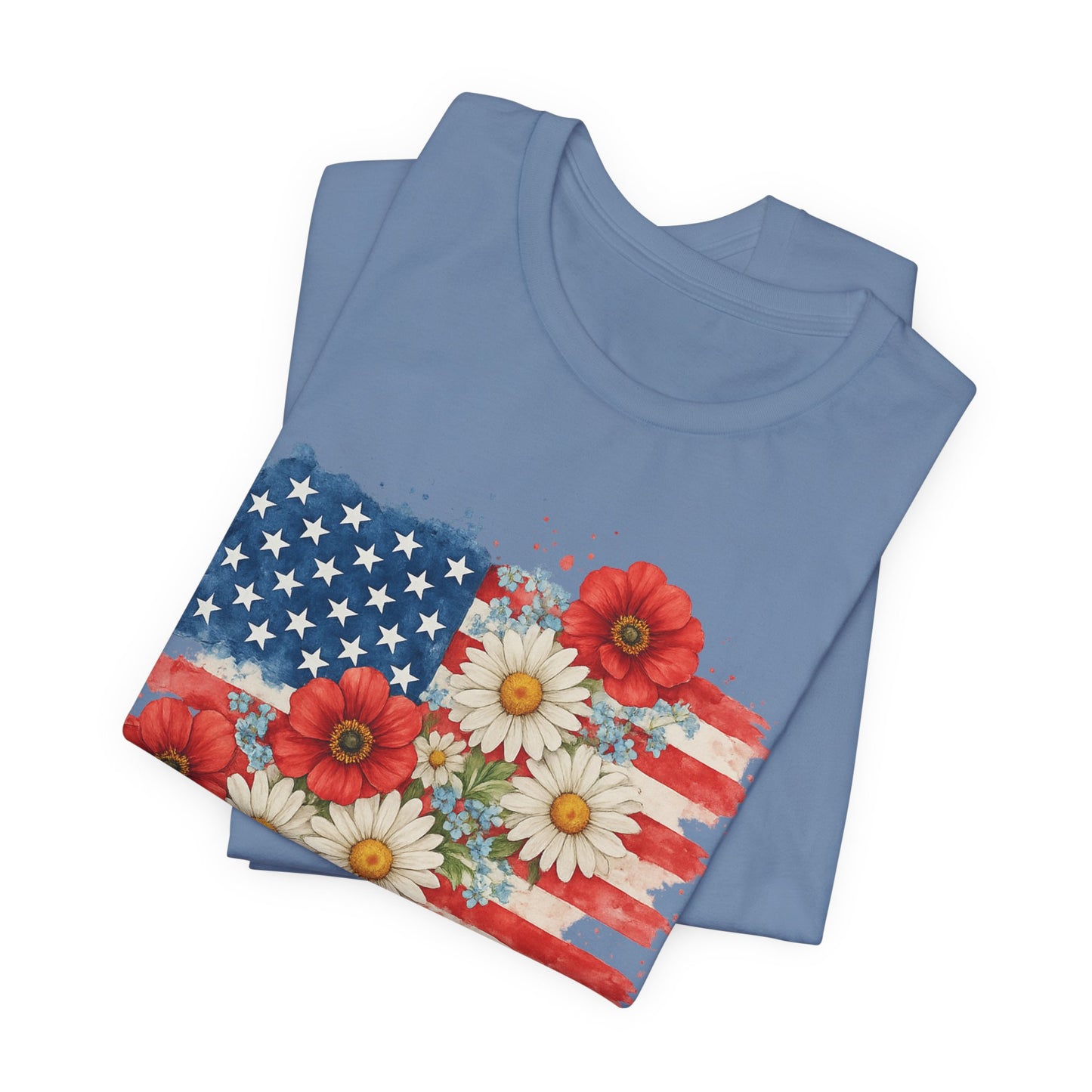 American Flag Floral T‑Shirt – Patriotic Daisy & Poppy USA Tee