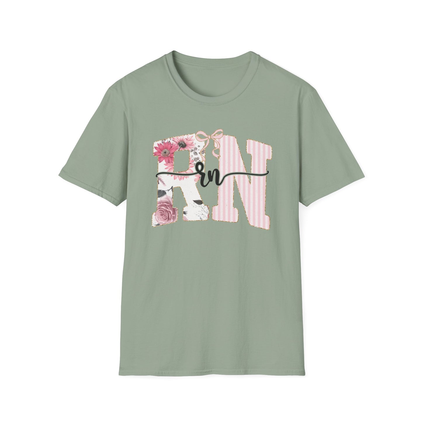 T-Shirt — RN Floral Script Design (Pink Stripes & Roses)