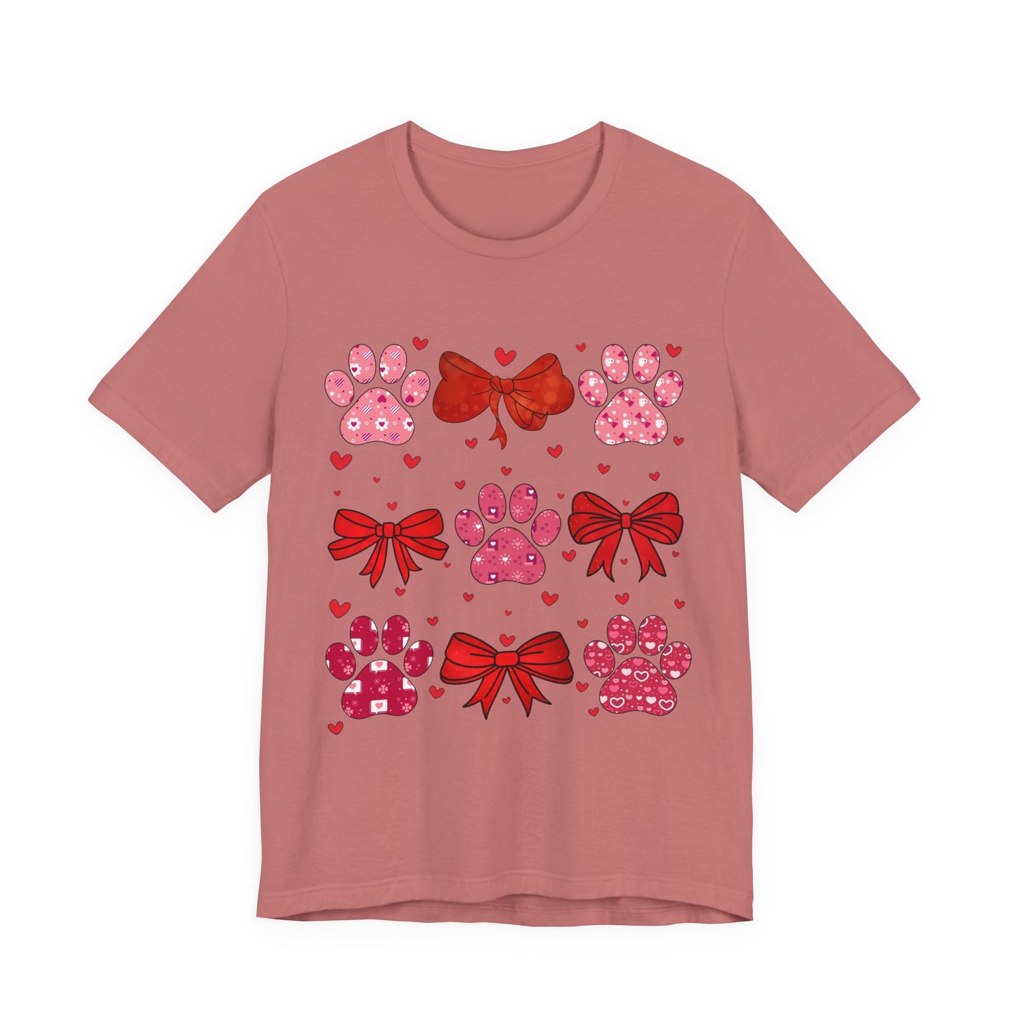 Valentine Paw Prints T‑Shirt — Cute Red Bows & Hearts Pet Lover Tee