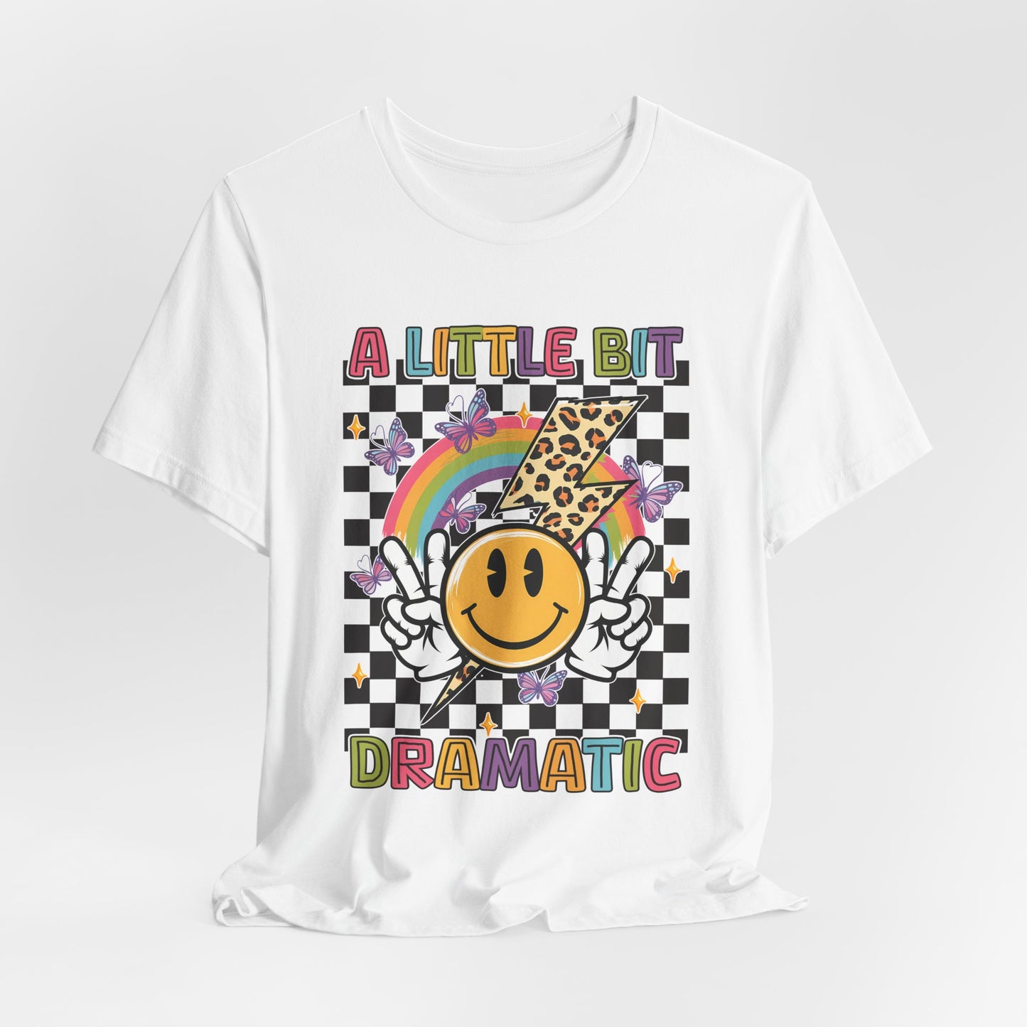A Little Bit Dramatic Graphic Tee — Smiley Rainbow Checkerboard T-Shirt