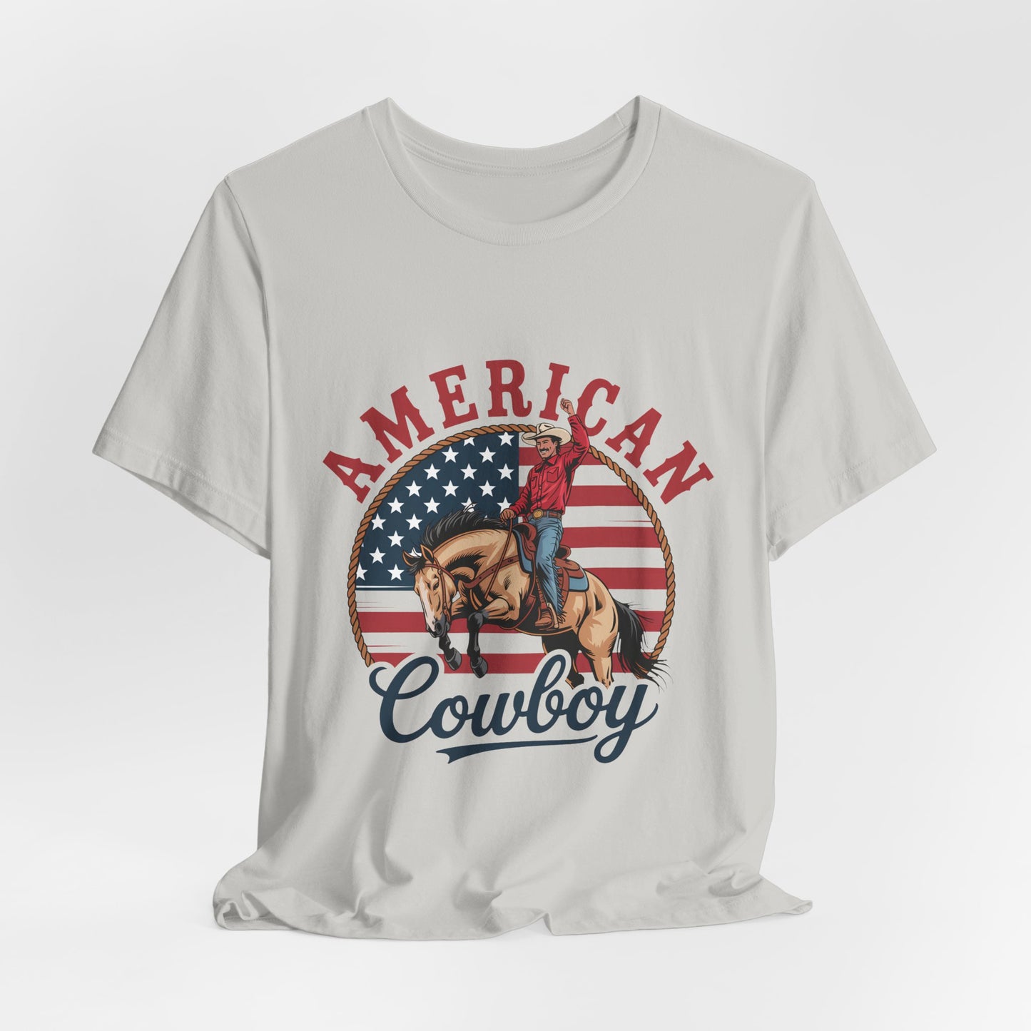 American Cowboy T-Shirt – patriotic rodeo tee with flag and rider