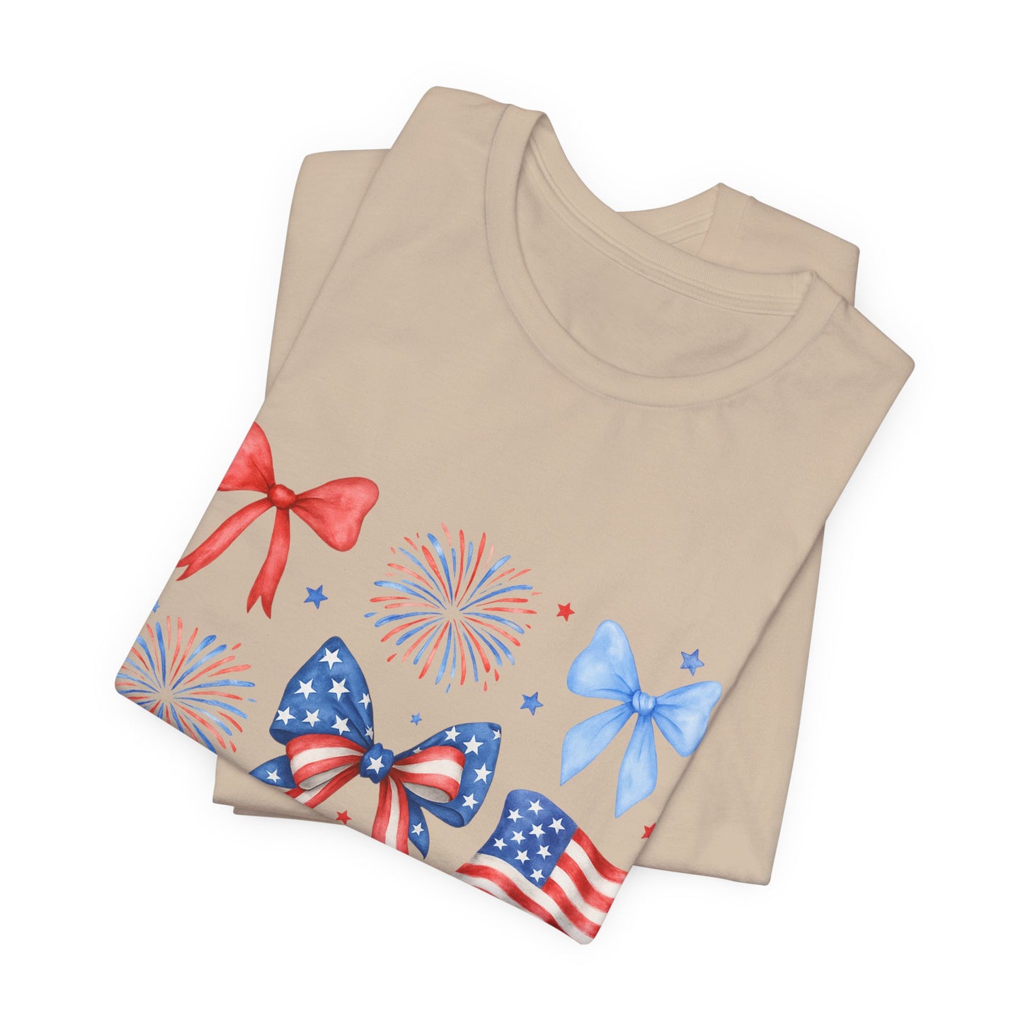 Patriotic Bows & Flags Tee — 4th of July Fireworks Graphic T-Shirt