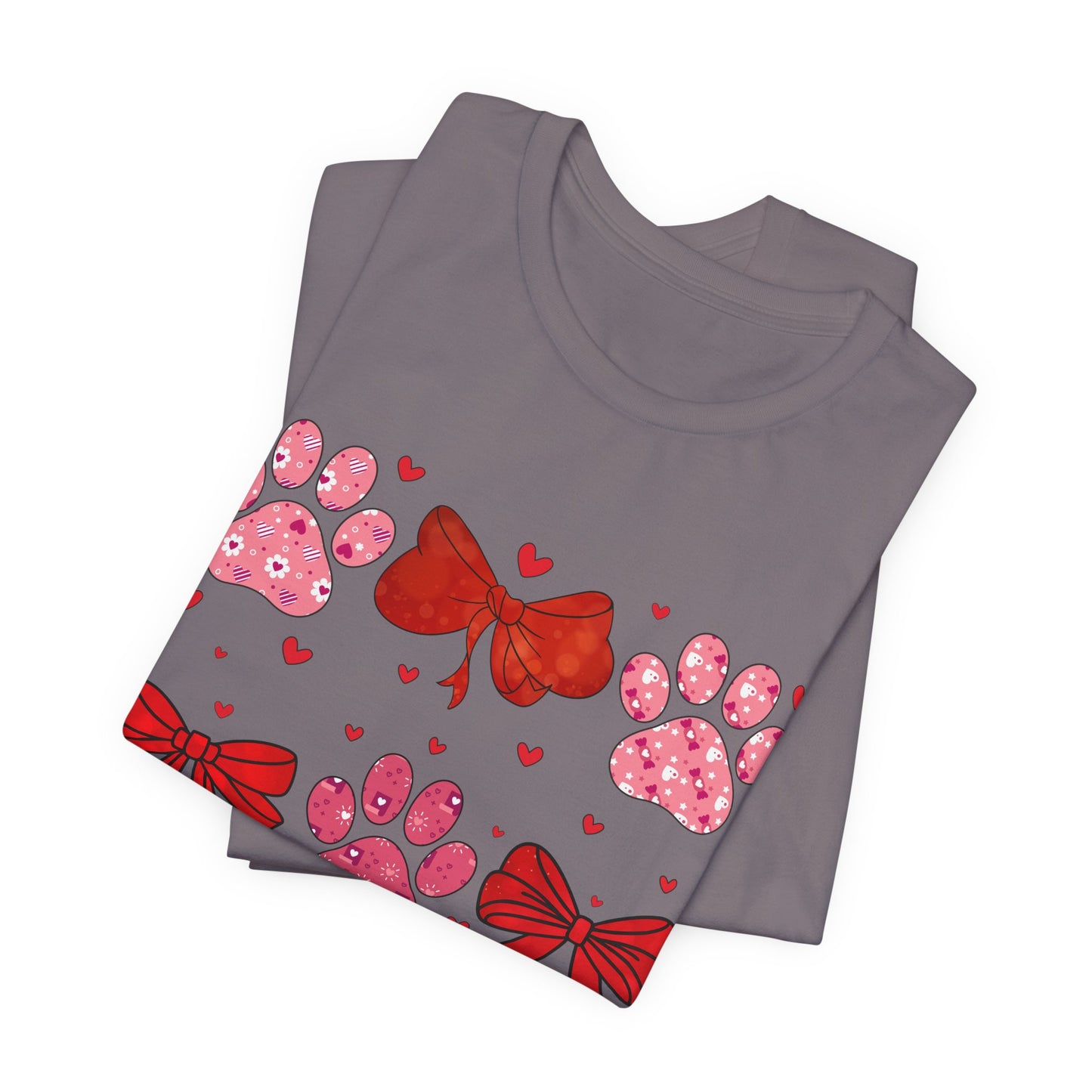 Valentine Paw Prints T‑Shirt — Cute Red Bows & Hearts Pet Lover Tee