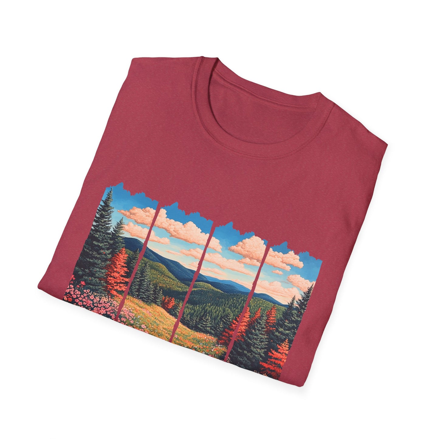 Scenic Meadow Sunrise T-Shirt — Vintage Window Pane Mountain Landscape Tee