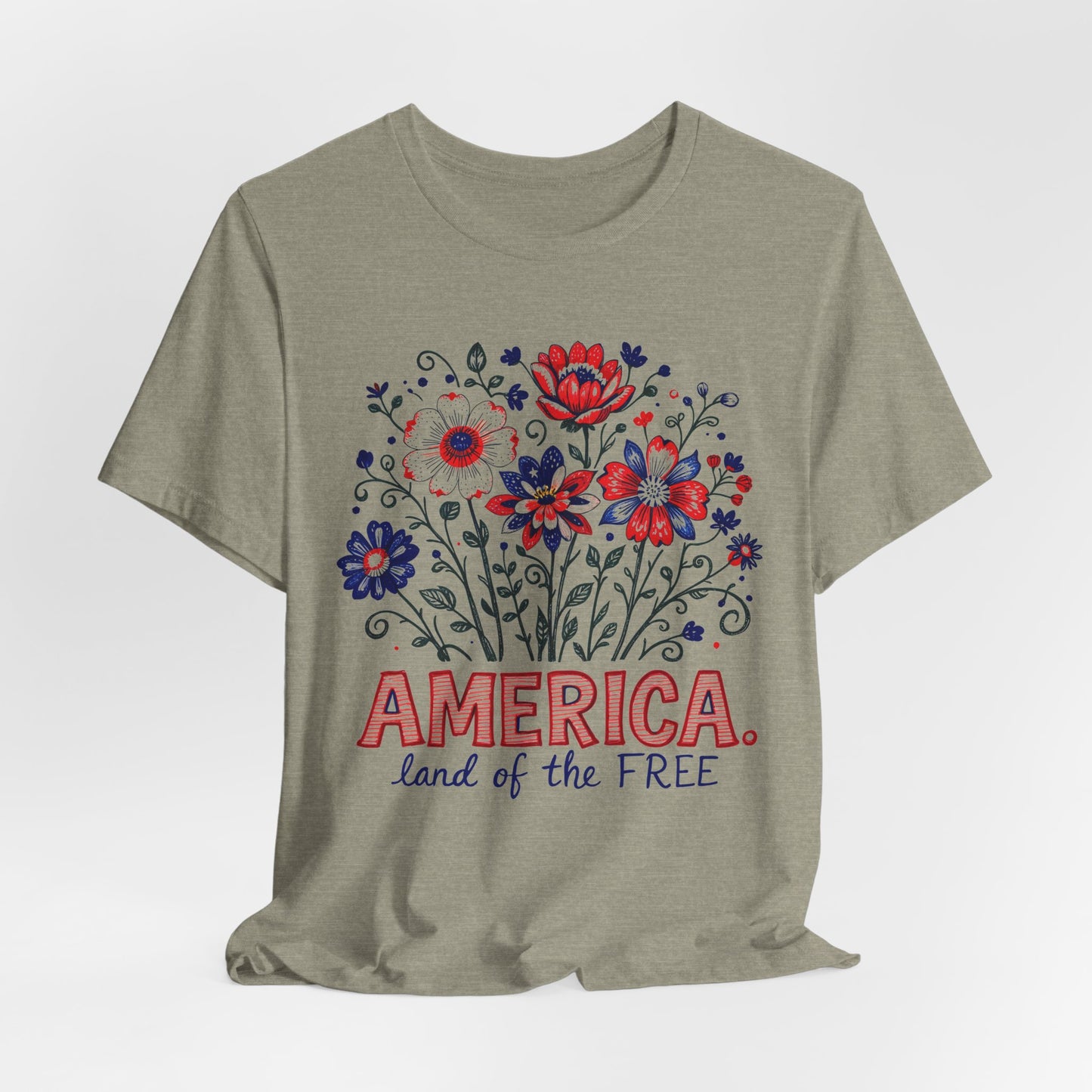 Patriotic Floral Tee — "America, Land of the Free"
