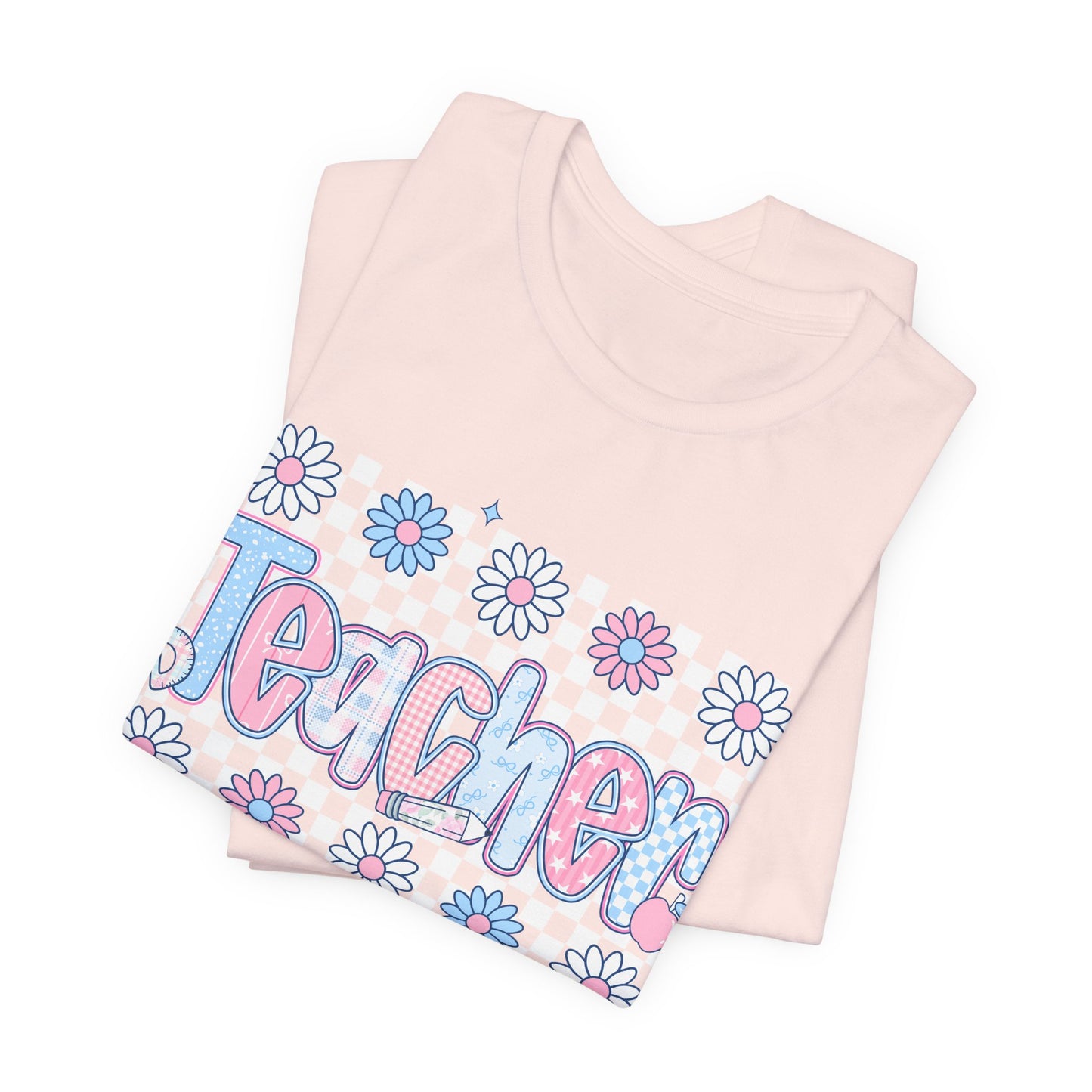 Teacher Daisy Graphic Tee – Cute Pink & Blue Floral Classroom Shirt