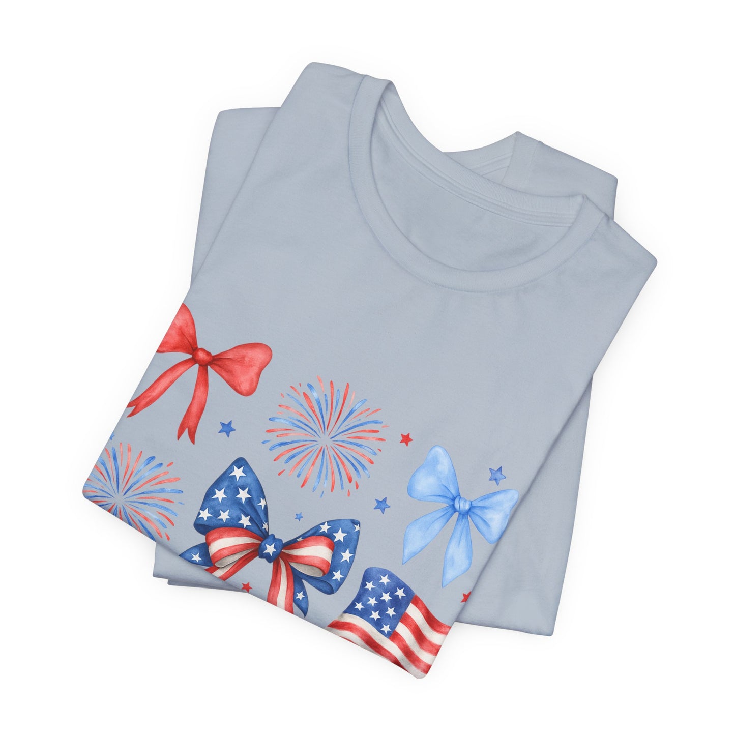 Patriotic Bows & Flags Tee — 4th of July Fireworks Graphic T-Shirt