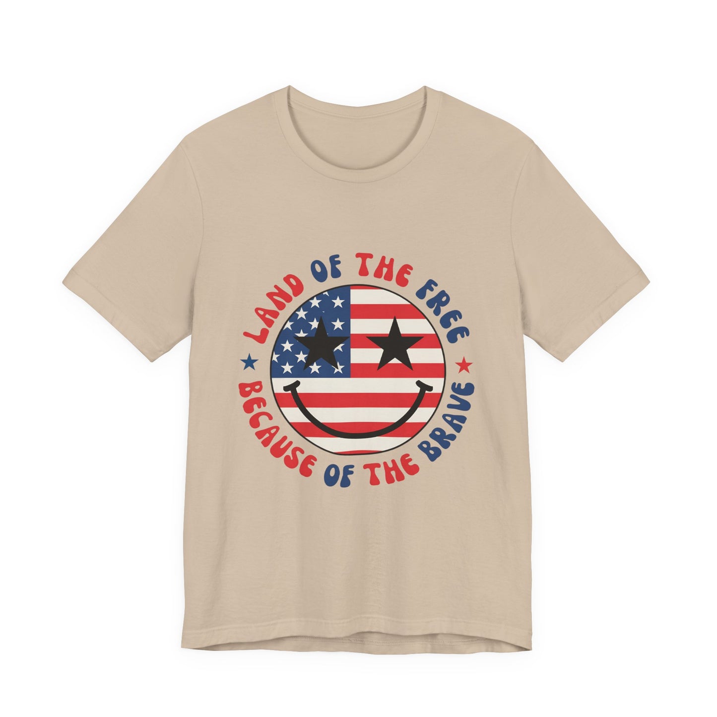 Patriotic Smiley Tee - "Land of the Free Because of the Brave" American Flag Shirt