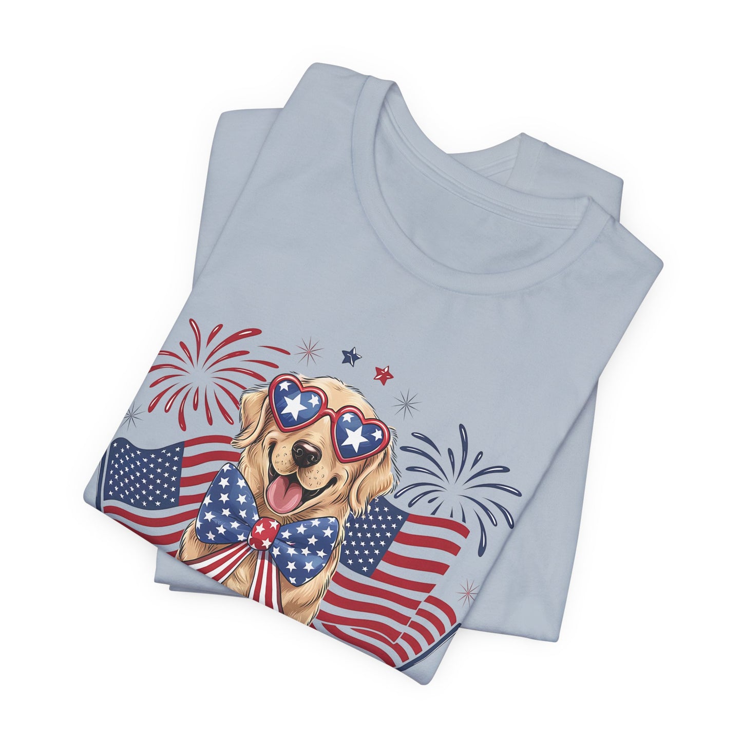 Patriotic Golden Retriever T‑Shirt — USA Flag Dog with Fireworks