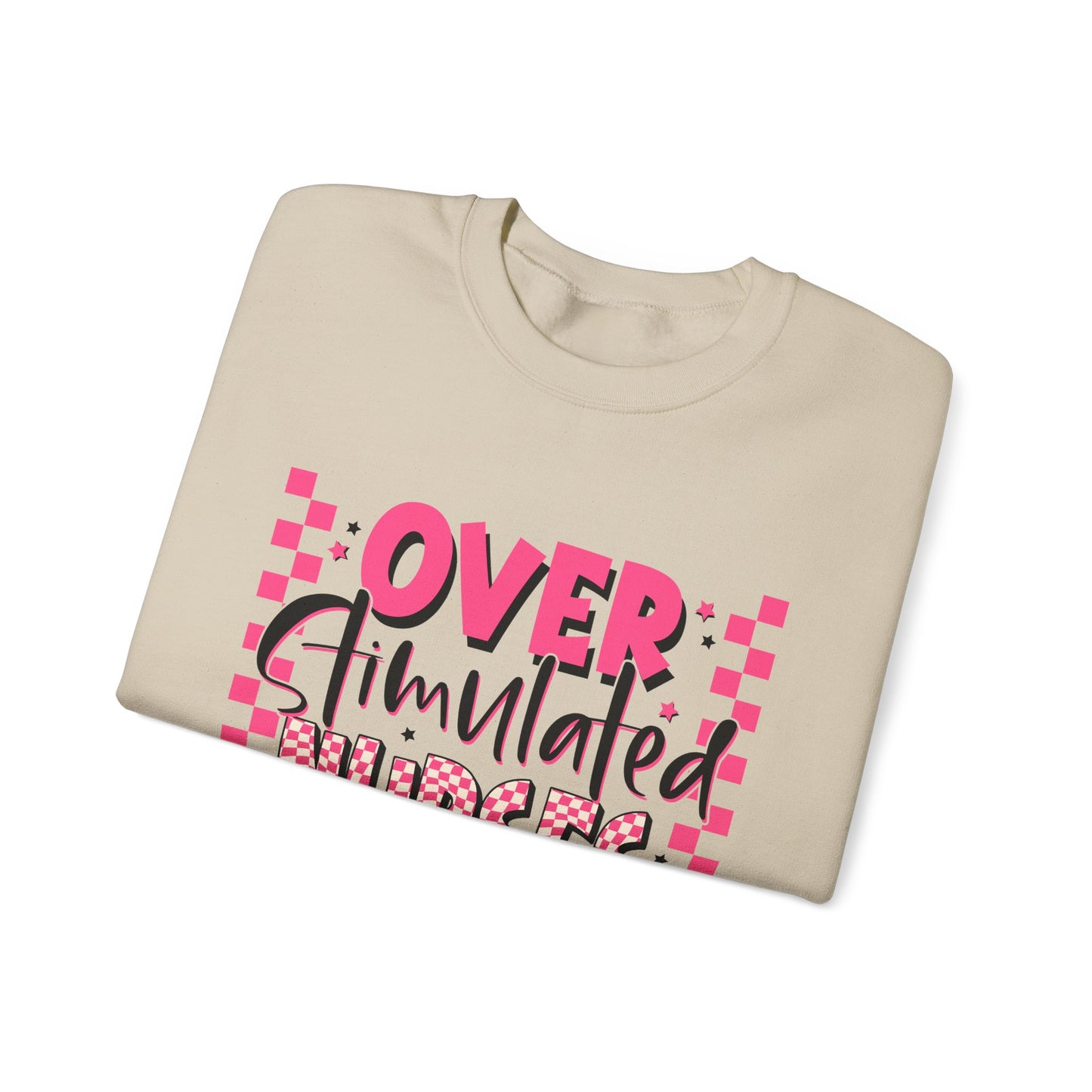 Crewneck Sweatshirt — "Overstimulated Nurses Club" Pink Checker Graphic