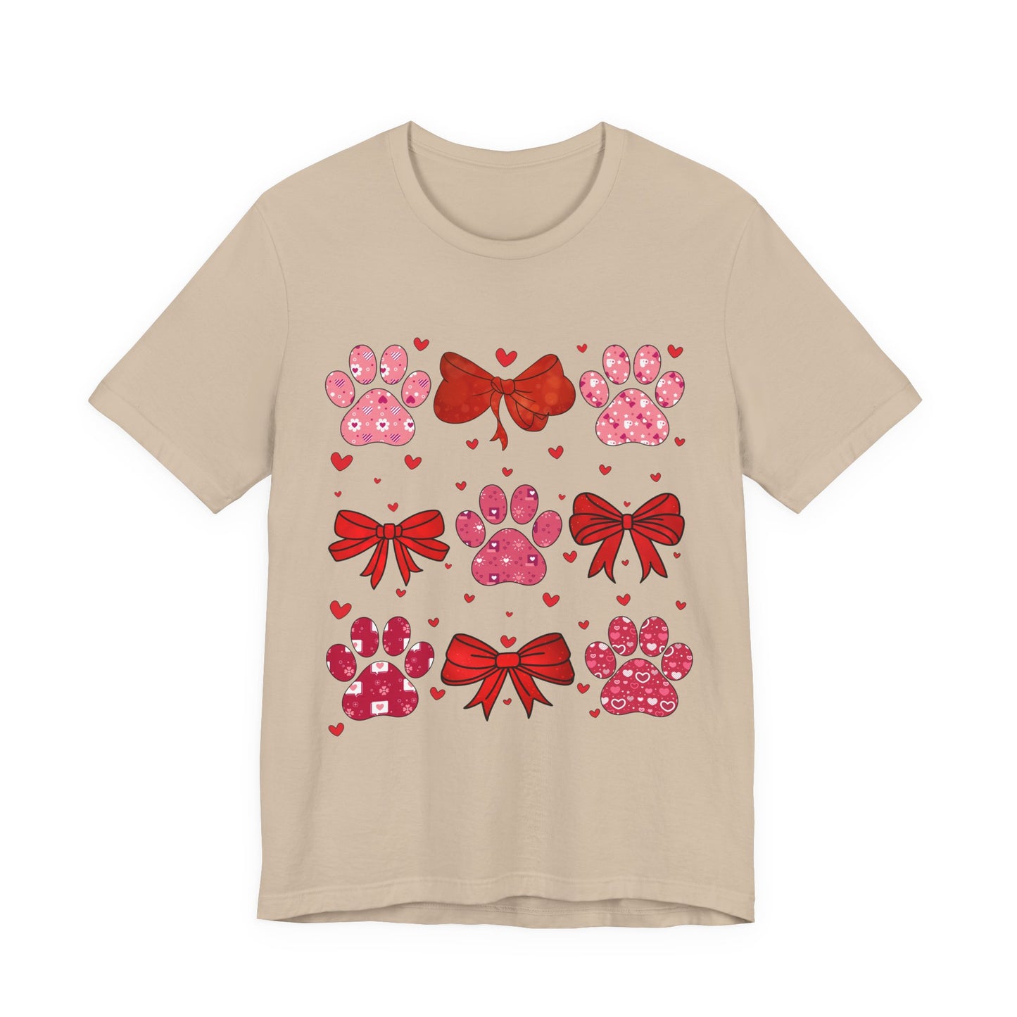 Valentine Paw Prints T‑Shirt — Cute Red Bows & Hearts Pet Lover Tee