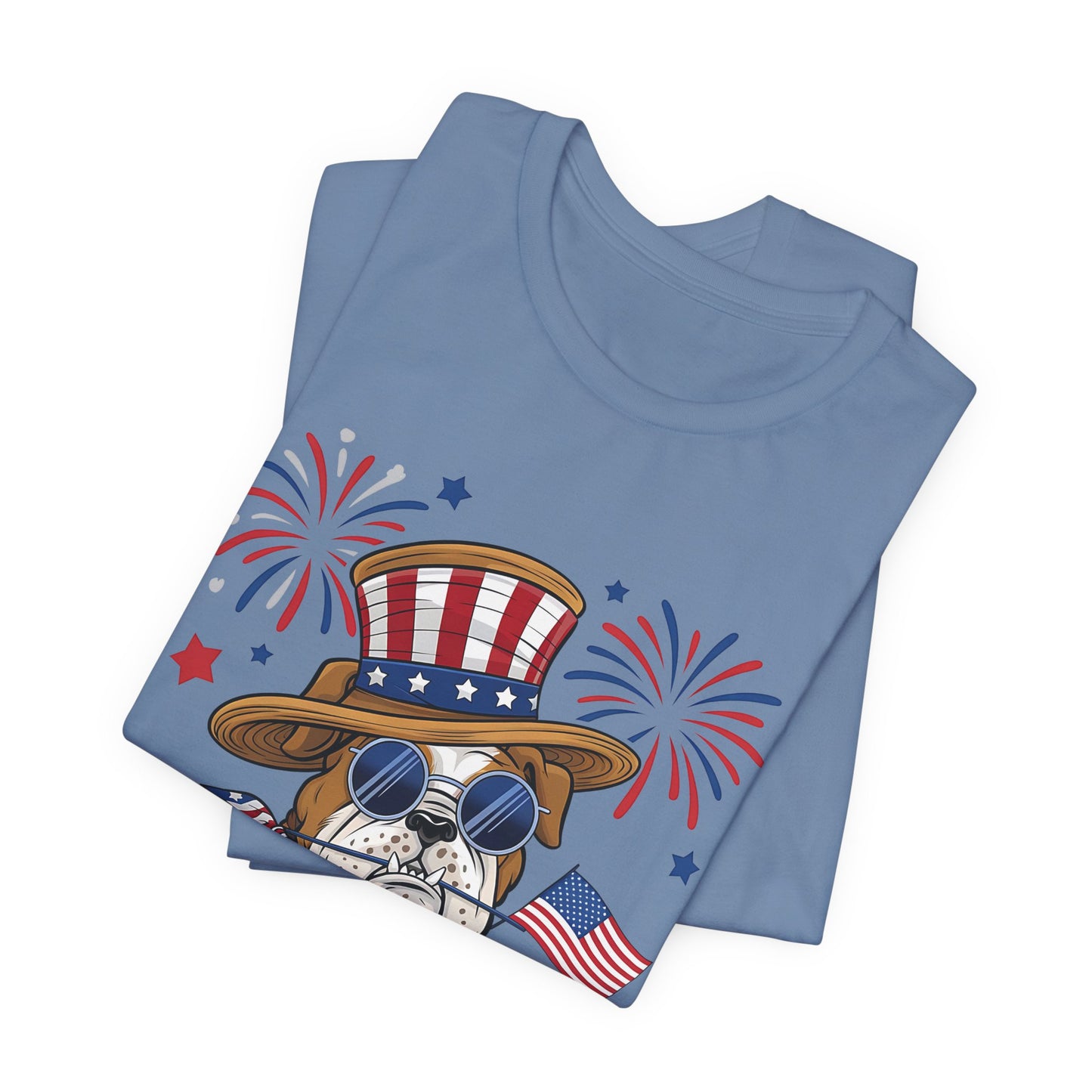 Patriotic Bulldog T-Shirt — American Flag Pup with Uncle Sam Hat & Fireworks (4th of July Tee)